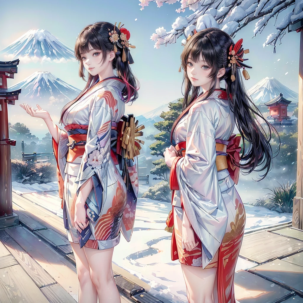 (The image shows only the upper part of the kimono above the obi
:1.7), 

((8K, RAW Photos, Highest quality, masterpiece), High-resolution RAW color photos、

Professional close-up photography, (Realistic, フォトrealism: 1.37), 

(Highest quality), (Best Shadow), (Best illustrations),

High-quality images、Skin Radiance、Texture of skin and clothing、

Expression of fine eyes、Shiny Hair,Long Hair Girl, Manga inspired by Lee Jong-suk, 

Trending on deviantart, realism, detailed manga style, Manga art style,

Perfect Line Drawing, Beautiful line art, digital manga art girl, K-POPアイドル, dress,

 Beautiful brown eyes, Fuller lips, Gorgeous face with attention to detail, 

(Cute Smile), attractive, Innocent, (Perfectly detailed face), 

(Detailed and carefully drawn hand) Photorealistic images, Written boundary depth, 

Japanese style princess cut hairstyle, 

best quality, masterpiece, New Year, 

((Kimono with strikingly beautiful colorful colors:1.7)), 

Three Japanese high-school cute girls, ((looking straight)), 

gently smiling, 

((upper arms hidden by clothes and hair)),

(innocent and pure high-school-girls:1.7)

((white short scarf)), ((white feather shawl)), 

(separately side by side:1.4), 

shrine background, (mount Fuji:1.3), ((snow))

winter(season), (outdoors:1.5)