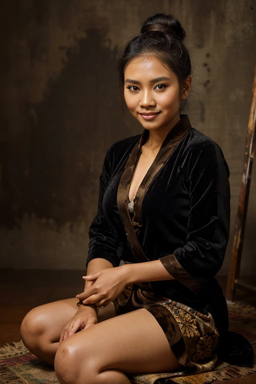 4D oil paint painting on canvas of an Indonesian woman, hair in a bun, wearing a black velvet kebaya, wearing a brown batik sarong, sitting with a smile, both hands on the knees of the feet, gradient brown background, uhd.