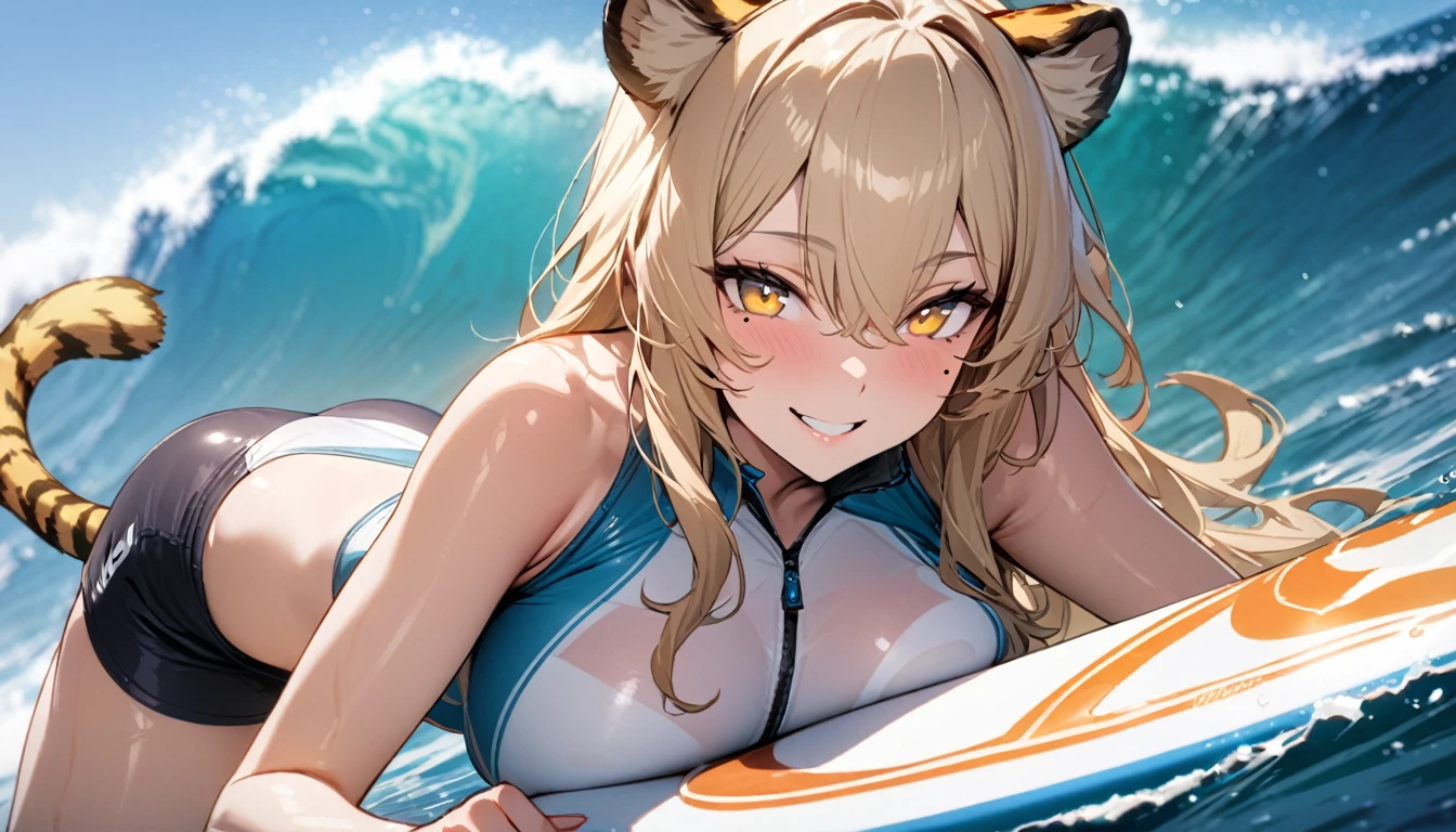 1girl、(((best quality)), ((masterpiece)), (details), masterpiece, best quality, high quality, ulutra detailed, perfect face, ((1girl, blond eyes, tiger ears: 1.3 blond long hair: 2.5,Mole under left eye:2.0))、Shiny Hair、Glowing Skin、Lustful look、Large breasts、Lying on a surfboard、surfing、smile、Rash guard、Shorts swimsuit、Ocean、Ocean上、