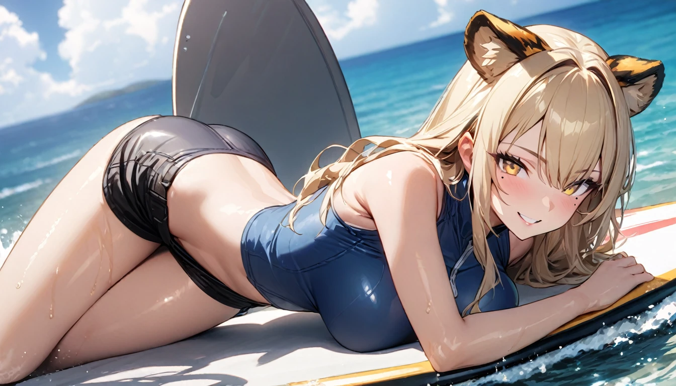 1girl、(((best quality)), ((masterpiece)), (details), masterpiece, best quality, high quality, ulutra detailed, perfect face, ((1girl, blond eyes, tiger ears: 1.3 blond long hair: 2.5,Mole under left eye:2.0))、Shiny Hair、Glowing Skin、Lustful look、Large breasts、Lying on a surfboard、surfing、smile、Rash guard、Shorts swimsuit、Ocean、Ocean上、
