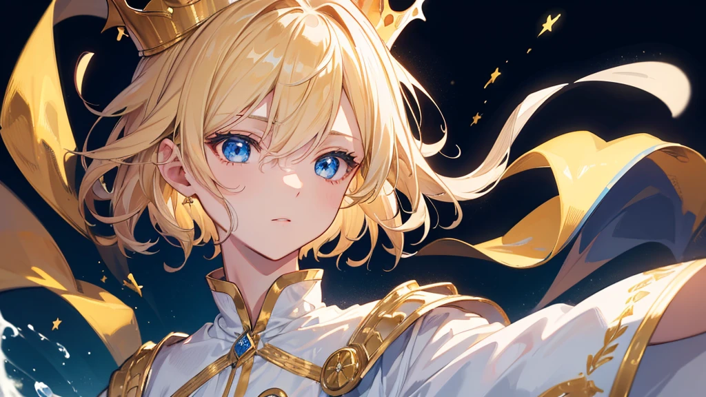 (Highest quality)　(4K)　(8k)　(High resolution)　(masterpiece:1.2)　(Super detailed)　One boy　short hair　Wizard　Blue Eyes　Long sleeve　Golden decoration　Hair between the eyes　White Dress　Wavy golden hair　Upper Body　(large crown)　(White Background)　front　Face close-up　Cast a spell