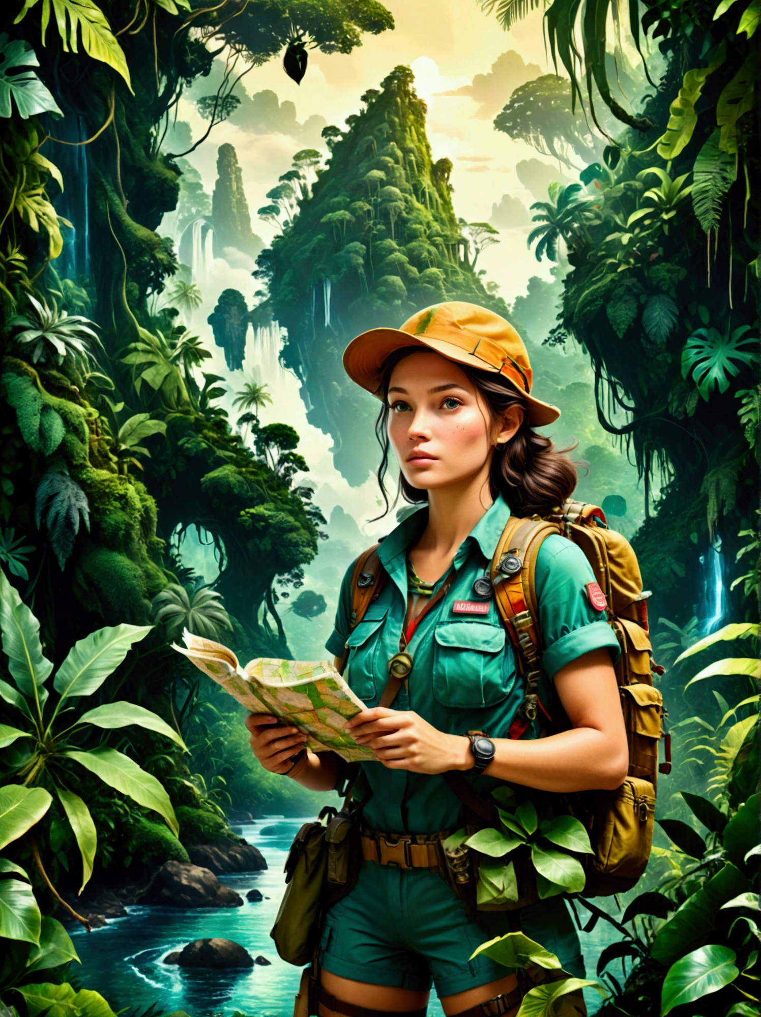 Bold, Female explorer in expedition gear, Holding a map, looking for unknown civilization in the dense forest, A tropical island with lush forests and unknown dangers as the background, On the right side of the picture is a huge jungle creature hidden in the dense vegetation.,Looming,Very dangerous,(masterpiece, best quality, professional, Perfect composition, very aesthetic, Extremely detailed, Intricate details:1.3)