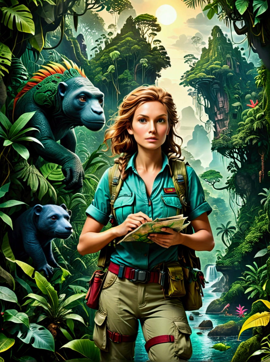 Bold, Female explorer in expedition gear, Holding a map, looking for unknown civilization in the dense forest, A tropical island with lush forests and unknown dangers as the background, On the right side of the picture is a huge jungle creature hidden in the dense vegetation.，Looming，Very dangerous，(masterpiece, best quality, professional, Perfect composition, very aesthetic, Extremely detailed, Intricate details:1.3)