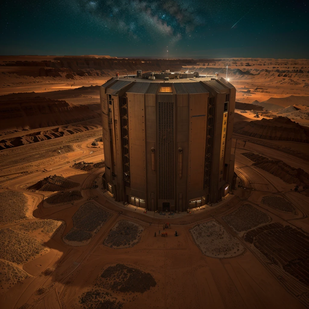On Mars, a huge cutting-edge data facility. The Martian ground is dotted with metallic texture and many mining workers. Bright pictures, different machines, starry sky, daytime, interplanetary architecture into large mechanical details, super wide angle, bird's eye view, high reality, light and dark
