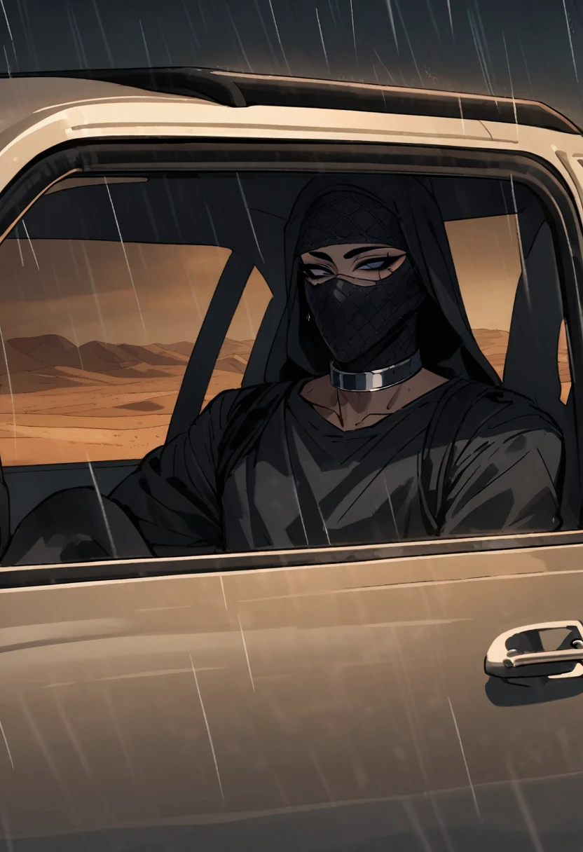 Male arab modern terrorist, terrorist, black balaclava, black clothes, thin waist, femboy, light skin, makeup, black eyeliner, big eyelashes, black eyeshadow, half open eyes, metal choker, inside the car, desert, night, rain