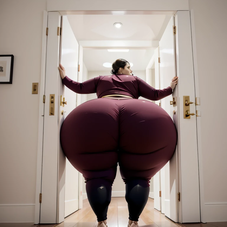 masterpiece, 1girl behind a doorway, from behind, (doorstuck, stuckbehind:1.3), ssbbw ,huge hips, round belly, thick thighs, giant butt,colorful clothing, wearing a maroon red suit and tie and formal pants, upset, desperately trying to wiggle through, she tries to free herself but she won't budge, she is stuck tight view from behind, she is too wide, the doorway is quite narrow too, she kicks her legs furiously, trying to wiggle her hips through the small door, but its no good, the door is too small, she keeps trying to squeeze through with frustration