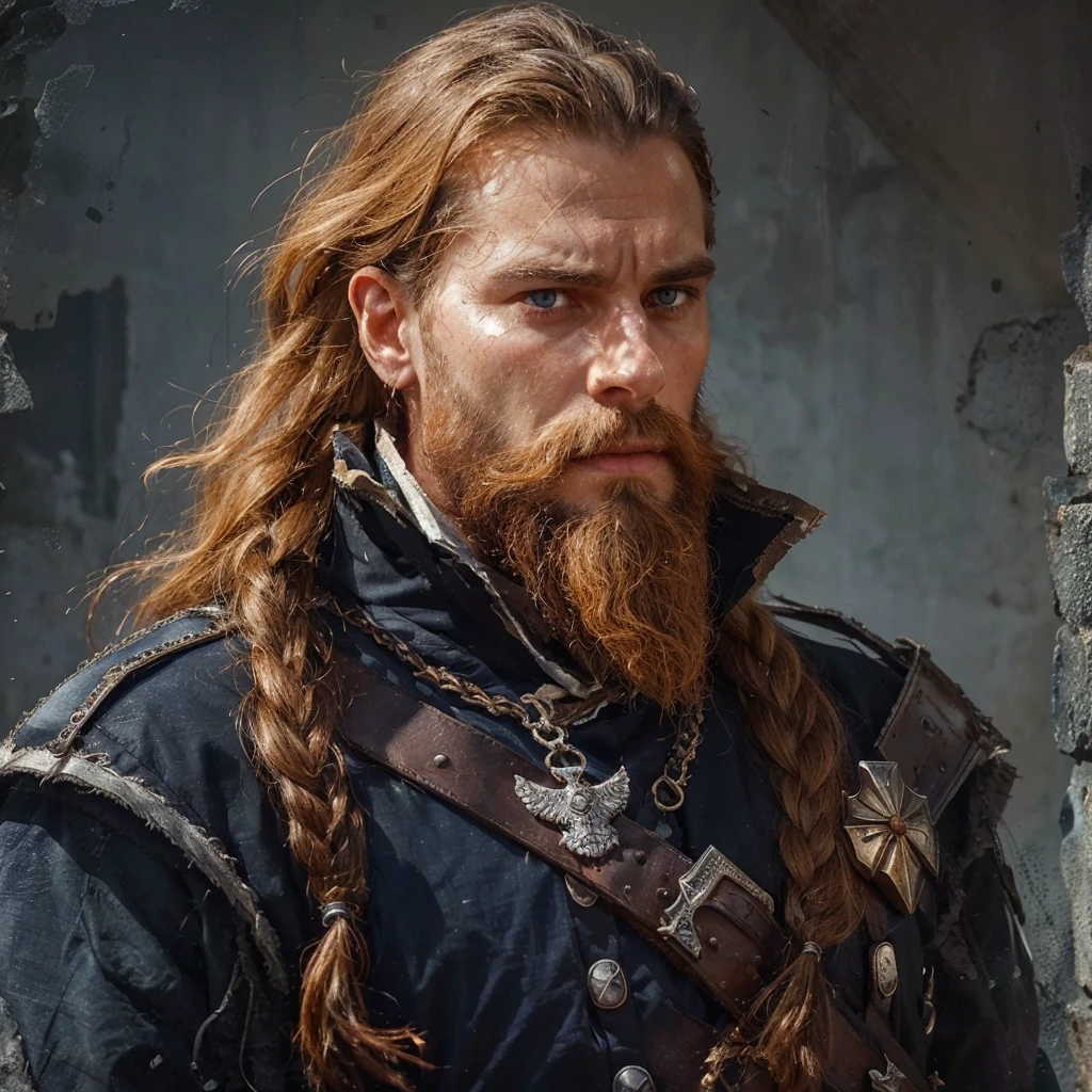 Conrad was a tall and strong young man, but an experienced man. He had piercing blue eyes, who seemed able to see through the very depths of the darkness of our world. His black hair was cut short, and the beard is quite thick, expressing severity , determination and paying tribute to its culture, Despite his young age, he already had gray strands of hair, this is a consequence of large doses of herbal decoctions and the internal state after all the battles with the horrors of this world . His face showed clear signs of battle and trials., reflecting his past when he was a Varangian and now , when he is a cleaner-messenger of God .
Conrad wore lightweight knight's armor on a leather suit decorated with the symbols of the New Vatican - a cross and other sacred signs, as well as pagan runes as a tribute to one’s past and ancestors. On his belt hung a sword with a carefully sharpened blade., shaped like a cross ready for battle at any moment. His stoic posture and confident gaze exuded unshakable determination and dedication to the war effort. .