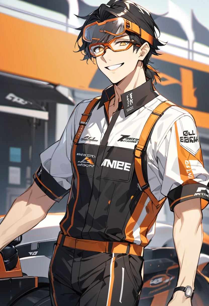 Solo, 1 male, black hair with orange highlights, yellow eyes, safety glasses, race engineer, black and white shirt, black pants, smile facial