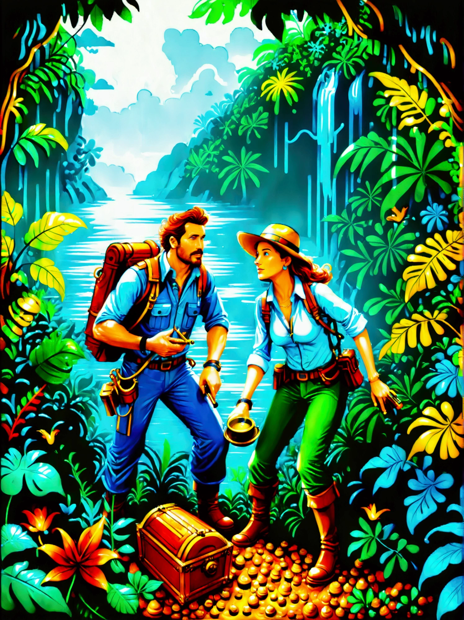 Imagine a colorful jungle adventure scene。(A man and a woman:1.9),(Both are explorers.,Searching for treasure in the jungle:1.9),They are surrounded by lush green foliage and colorful exotic flowers.。A brightly colored parrot perched nearby,Bright blue sky in the background can be seen through the jungle canopy,A fast-flowing river runs through the land,The river water sparkles in the tropical sun,This picture should sum up the excitement and beauty of exploring the tropical jungle.