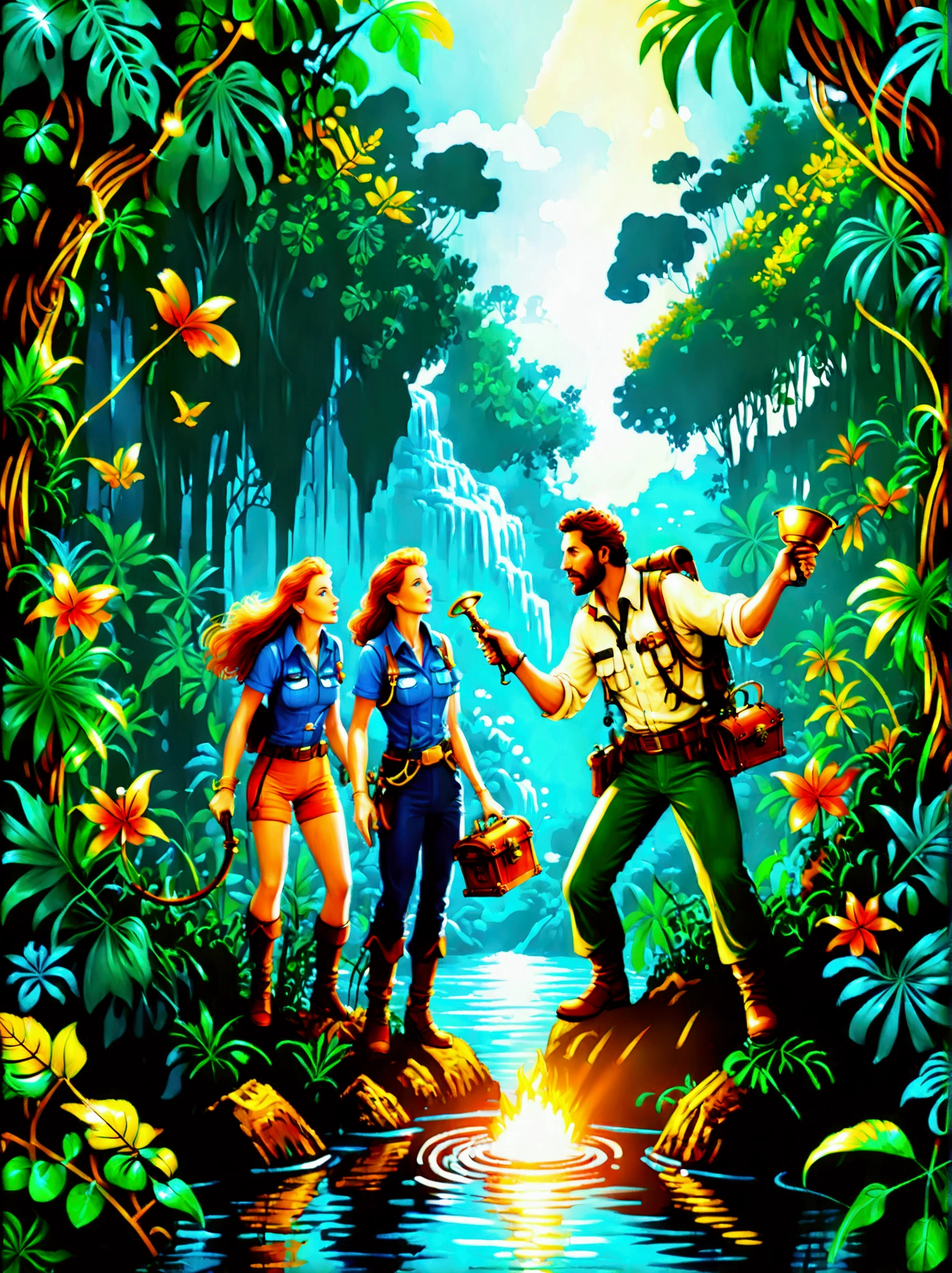 Imagine a colorful jungle adventure scene。(A man and a woman:1.9)，(Both are explorers.，Searching for treasure in the jungle:1.9)，They are surrounded by lush green foliage and colorful exotic flowers.。A brightly colored parrot perched nearby，Bright blue sky in the background can be seen through the jungle canopy，A fast-flowing river runs through the land，The river water sparkles in the tropical sun，This picture should sum up the excitement and beauty of exploring the tropical jungle.