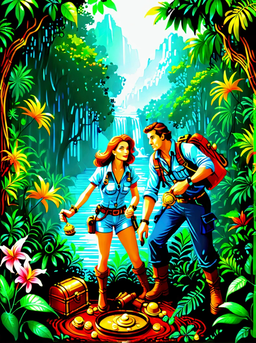 Imagine a colorful jungle adventure scene。(A man and a woman:1.9),(Both are explorers.,Searching for treasure in the jungle:1.9),They are surrounded by lush green foliage and colorful exotic flowers.。A brightly colored parrot perched nearby,Bright blue sky in the background can be seen through the jungle canopy,A fast-flowing river runs through the land,The river water sparkles in the tropical sun,This picture should sum up the excitement and beauty of exploring the tropical jungle.