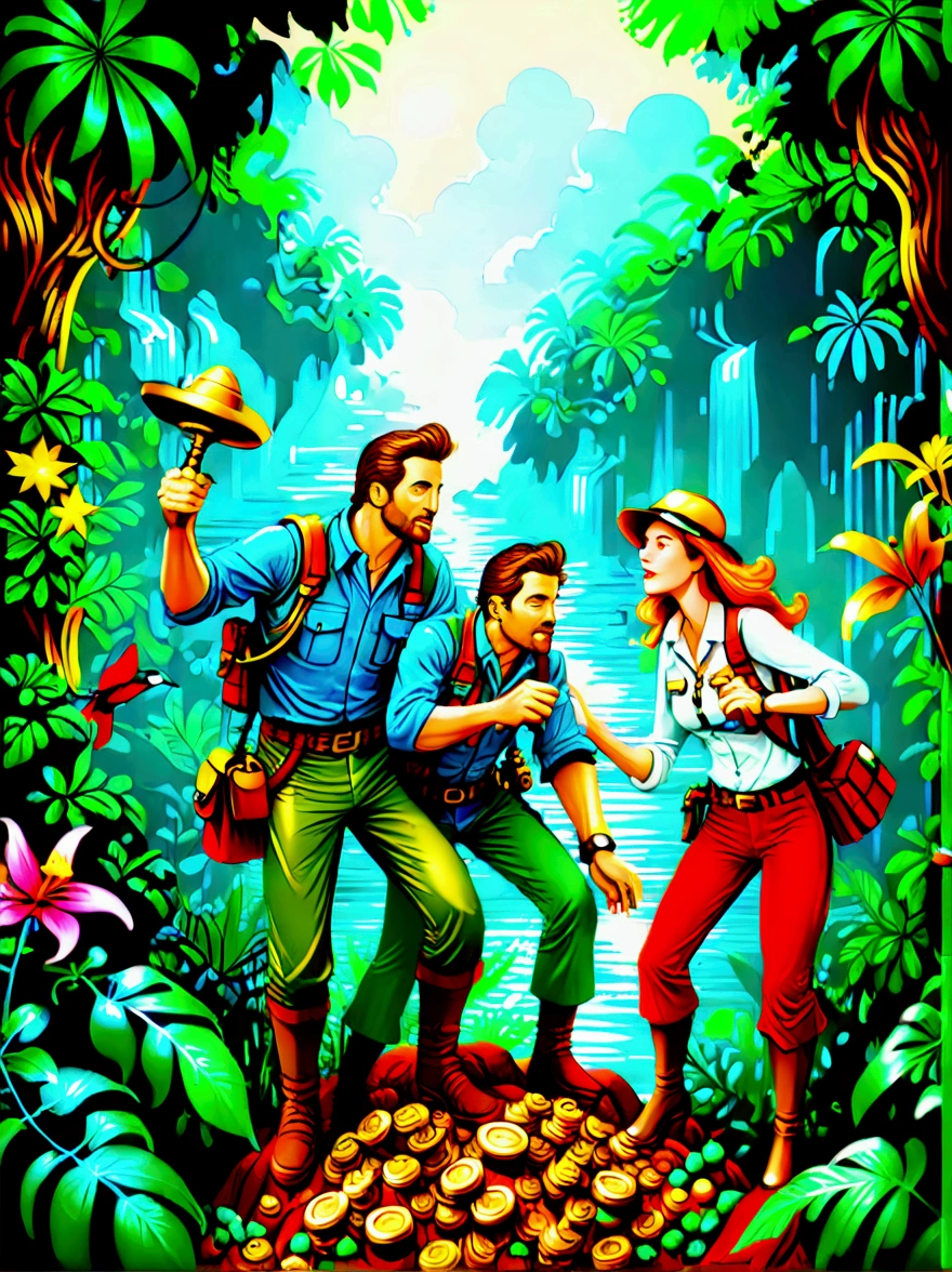 Imagine a colorful jungle adventure scene。(A man and a woman:1.9)，(Both are explorers.，Searching for treasure in the jungle:1.9)，They are surrounded by lush green foliage and colorful exotic flowers.。A brightly colored parrot perched nearby，Bright blue sky in the background can be seen through the jungle canopy，A fast-flowing river runs through the land，The river water sparkles in the tropical sun，This picture should sum up the excitement and beauty of exploring the tropical jungle.