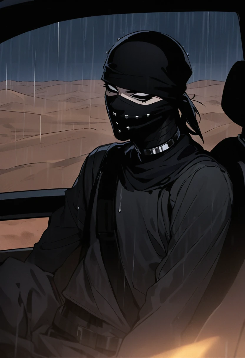 Male arab modern terrorist, terrorist, black balaclava, black bandage, black clothes, thin waist, skinny body, femboy, light skin, makeup, black eyeliner, big eyelashes, black eyeshadow, metal choker, inside the car, desert, night, rain 