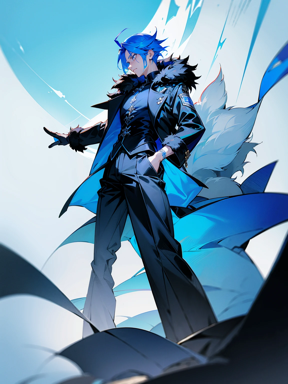 1male, adult, sky blue hair, Vergil hair, fur coat, black baggy pants, tired expression
