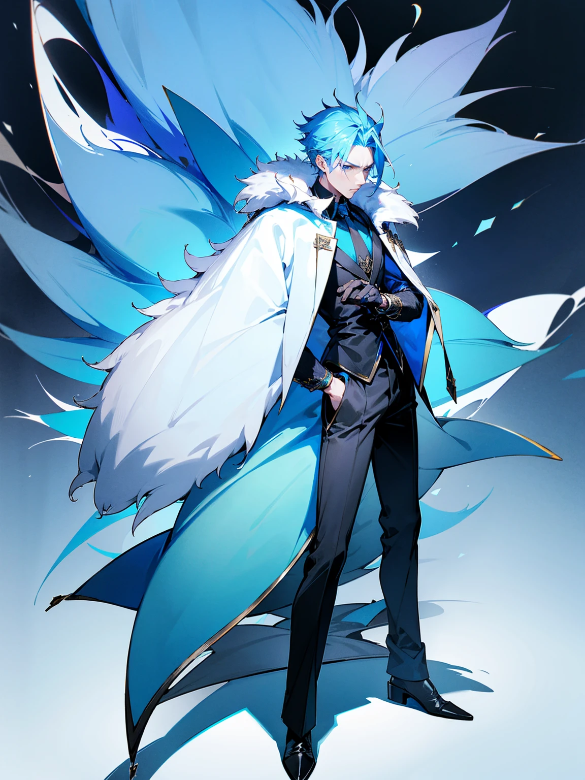 1male, adult, sky blue hair, Vergil hair, fur coat, black baggy pants, tired expression