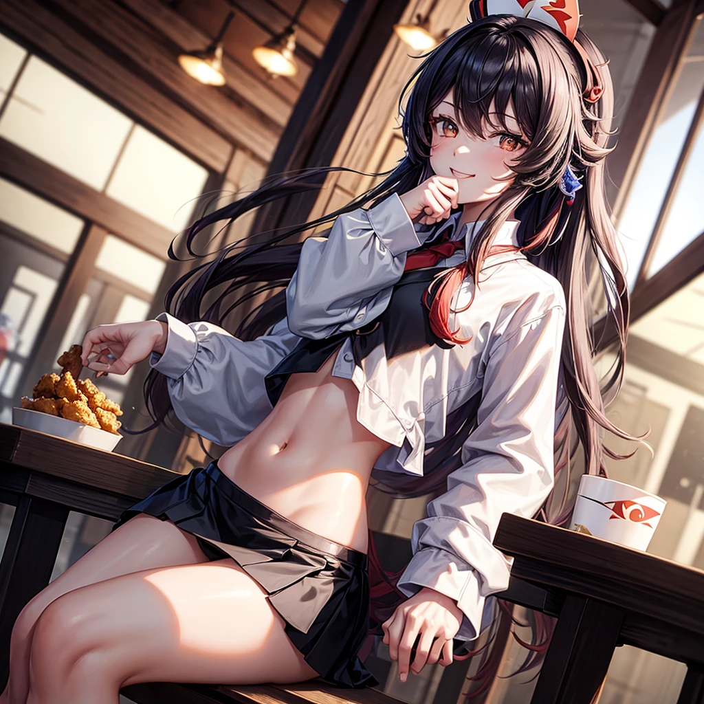 , masterpiece, best quality, miniskirt, black and thin underwear,open skirt, smile, smiley face, sitting, at the library, evening, solo, crop top, shadow, white shirt, long arms shirts, long shirt, black hair, black skirt, red necktie, Only , sitting and eating KFC, only 2 arms, Sitting with apart, HuTao From Genshin Impact,only 2 legs