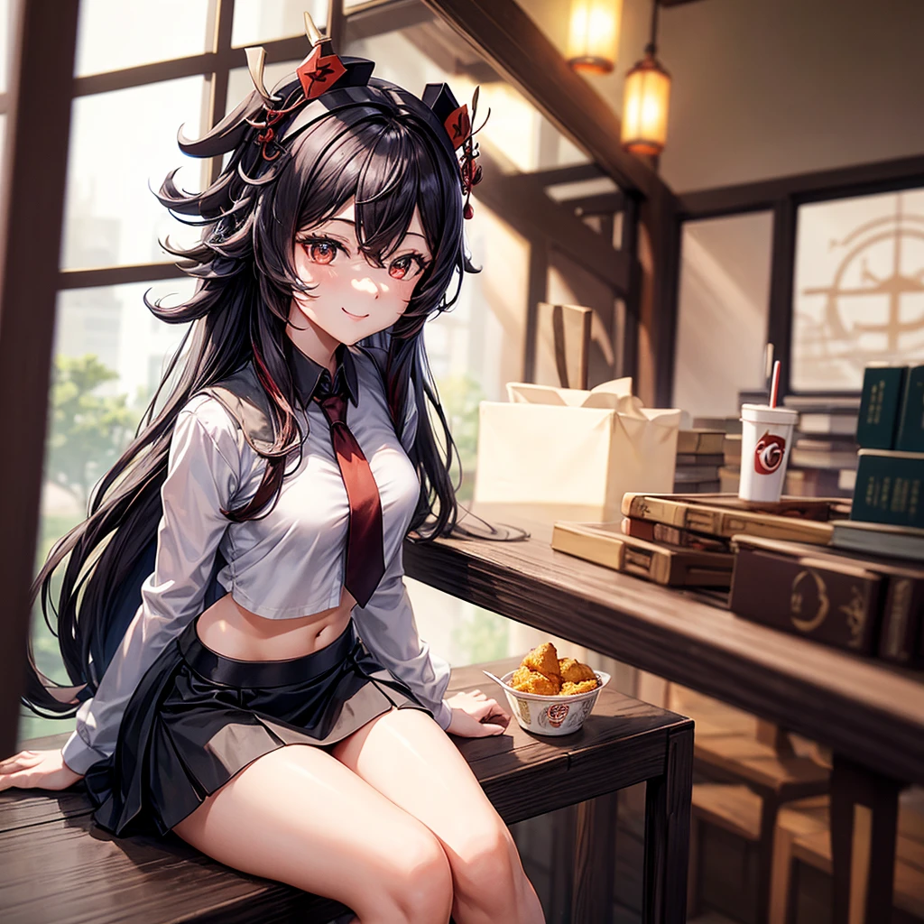 , masterpiece, best quality, miniskirt, black and thin underwear,open skirt, smile, smiley face, sitting, at the library, evening, solo, crop top, shadow, white shirt, long arms shirts, long shirt, black hair, black skirt, red necktie, Only , sitting and eating KFC, only 2 arms, Sitting with apart, HuTao From Genshin Impact,only 2 legs