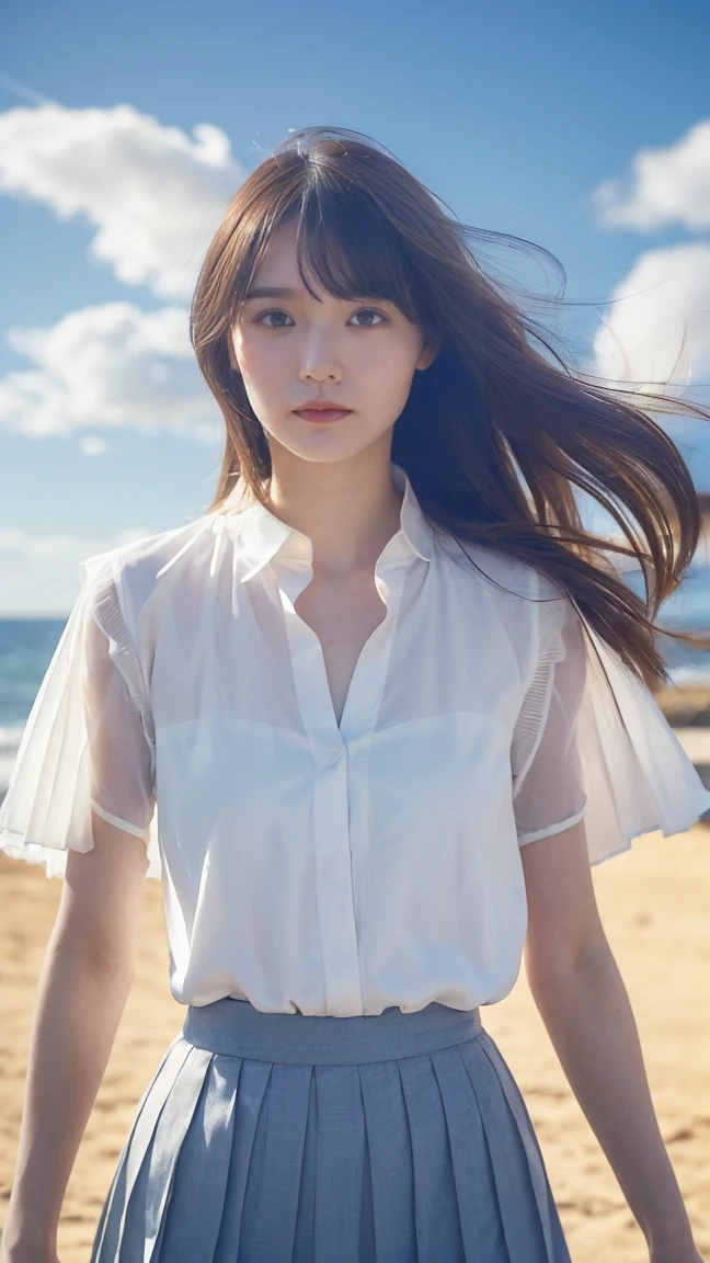 Drawing from below:2.53,One Girl、Beautiful and detailed eyes and face、barefoot、Cute 16 year old Japanese girl, ((Extremely precise and accurate anatomy:1.0)), (photo Realistic:1.4), (hyper Realistic:1.4), (最高品質のRealisticな肌の質感:1.4), (Improvement of quality:1.4), (Enhances the beauty of skin texture:1.1), Clean and glowing skin, mesh, thin:1.2, (Realistic:1.3), Realisticなライティング, (Smoother lighting:1.05), (Improving the quality of cinema lighting:0.9), Backlight, A gentle light on your face, Ray Tracing, (Bright light:1.2), 32K, One Japanese woman, fine grain, Detailed face, (Film Grain:1.1),(Accentuates body lines:1.1), High resolution, Natural look, Kind eyes, Improves hair quality, Delicate light and shadow, Graceful pose, Sharp details, Soft light reflection, Beautiful contours, Delicate skin tone, Fine hair texture, Natural background, (((sunny day、School zone、A strong wind is blowing、Her hair and skirt are flying、 Open shirt、Pleated skirt、stroll:1.25、Light of the sun、Clear skies、stage、Blue sky and white clouds、The joys of youth)))、