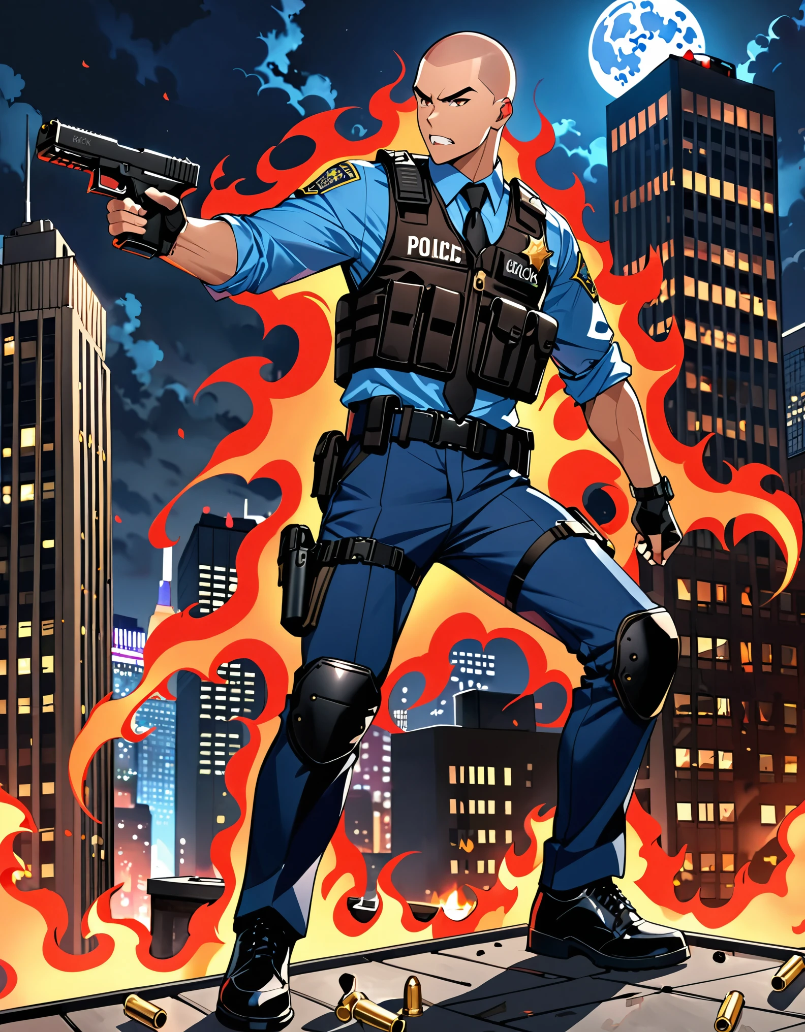 (masterpiece), (best quality), (high res), (solo, solo focus), 1male, male focus, mercenary, police officer, (red hair, short hair, buzz cut, bang), (brown eyes), (perfect hands, using gun, pistol, glock17, shell casings), matching fingerless black gloves, blue suit and pants, black necktie, black assault vest, black knee pads, black boots. dynamic action pose. new york backdrop, midnight, moon, rooftop, outdoors, standing, angry, clenched teeth, looking away, (his body surrounded by red aura, flames), teleporter. cowboy shot. full-body costume design.