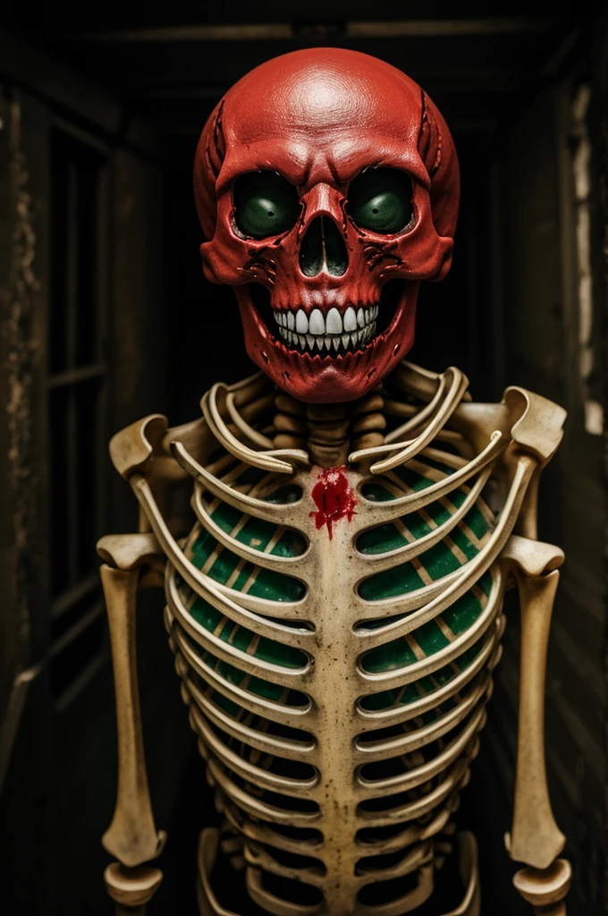 skeleton walkway ,Red nose,black eyes with green rim not perfect,open mouth with yellow teeth full of blood,bottom of mouth black with blood .
It has to be scary