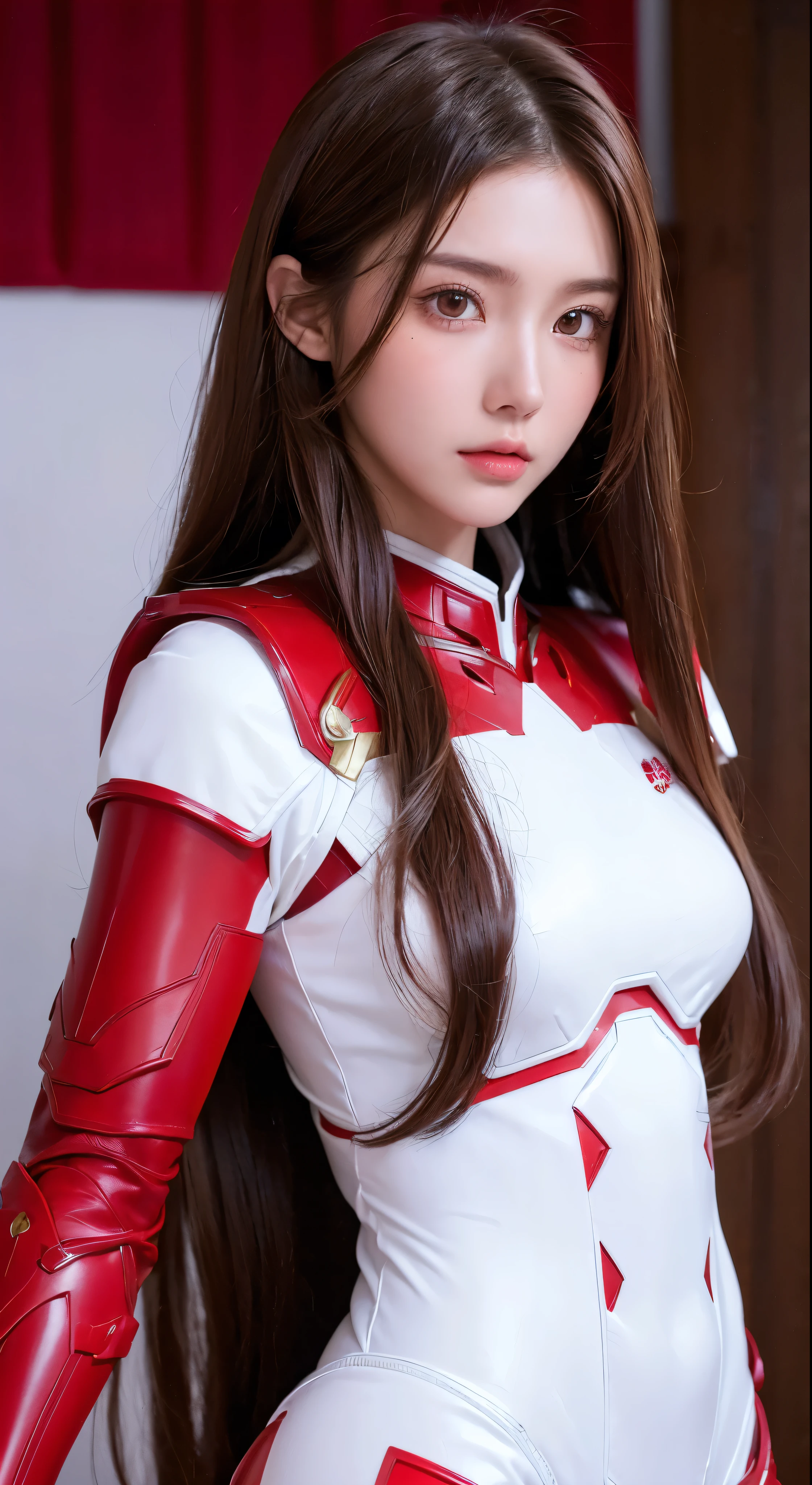 (Masterpiece:1.1), (Highest quality:1.1), whole body, Long chestnut hair, Anatomically good, (1girl:1.2), (Detailed face and eyes:1.25), solo, Brown Hair, Brown eyes, (Red Armored Suit:1.3), ((White skin contact:1.2), Facial details:1.2), See who&#39;s watching, Model woman, Side Hair, Elysium Shal, oil,