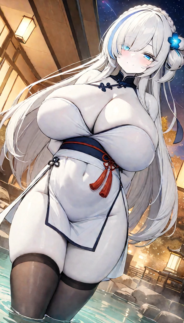 (masterpiece, high quality, high detail, 4k, rtx, high resolution:1.2),blue_streaked_hair,hair_over_one_eye, blue_eyes,very long hair,braid,white hair_ornament,white skin,black nail_polish,shortstack, cute face,solo,1girl, aerial_fireworks, architecture, aurora, bridge, building, city_lights, cityscape, cloud, constellation, crescent_moon, earth_(planet), east_asian_architecture, festival, fireflies, fireworks, flower, fountain, full_moon, galaxy, hair_ornament, horizon,(white dress, tubetop dress, china_dress, sexy pose:1.3), thighs, thighhighs,(strapless:1.2), (beautiful huge breasts:1.5),lantern, light_particles, looking_at_viewer, milky_way, moon, moonlight, night, night_sky, obi, onsen, outdoors, paper_lantern, planet, reflection, sash, shooting_star, sky, skyline, skyscraper, smile, snow, snowing, solo, space, sparkle, standing, star_(sky), star_(symbol), starry_background, starry_sky, starry_sky_print, summer_festival, sunrise, tanzaku, telescope, torii, tower, twilight,wading, water,arms behind back,finger polish
