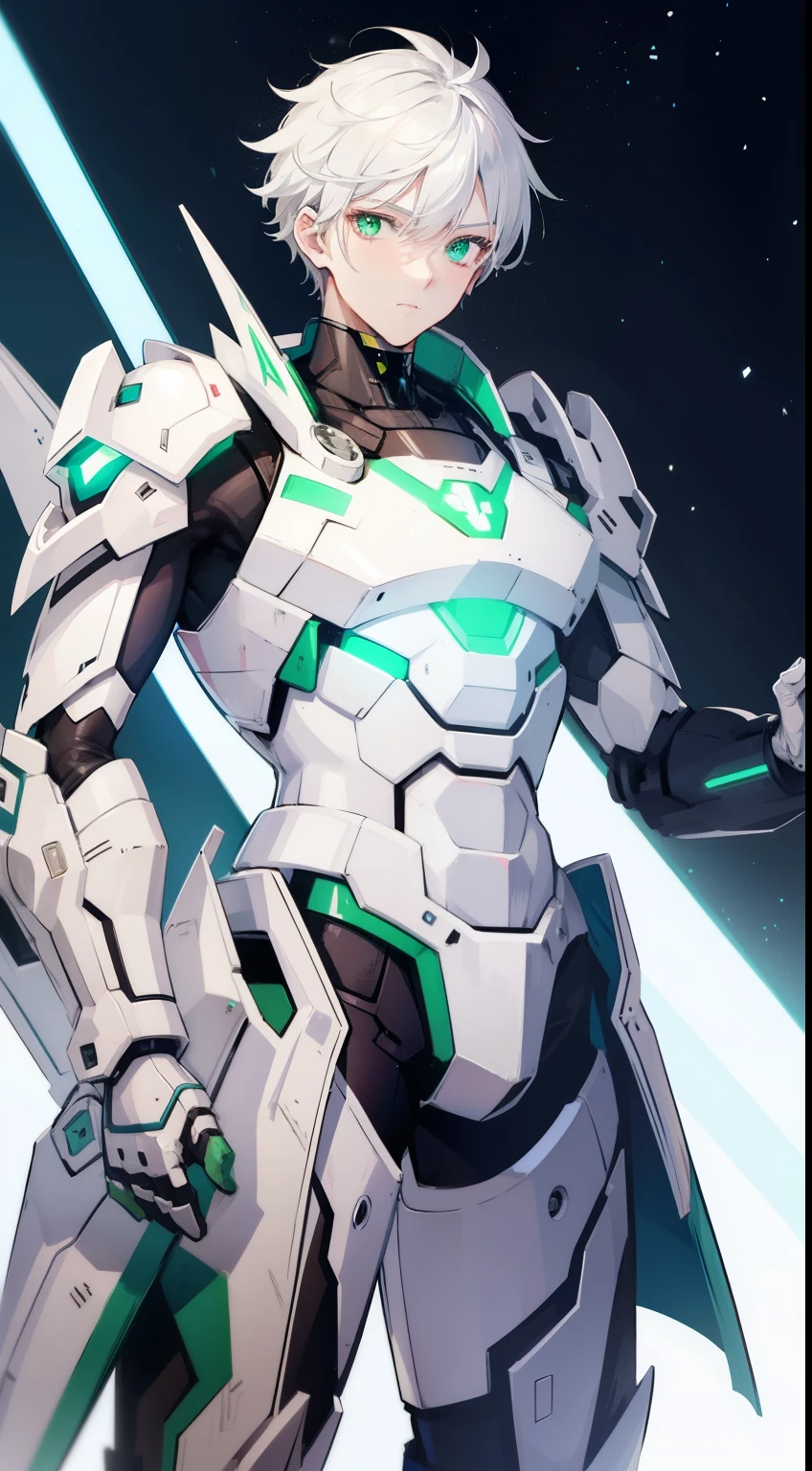 1boy, white hair, green eyes, big , mecha suit, laser, , lock target