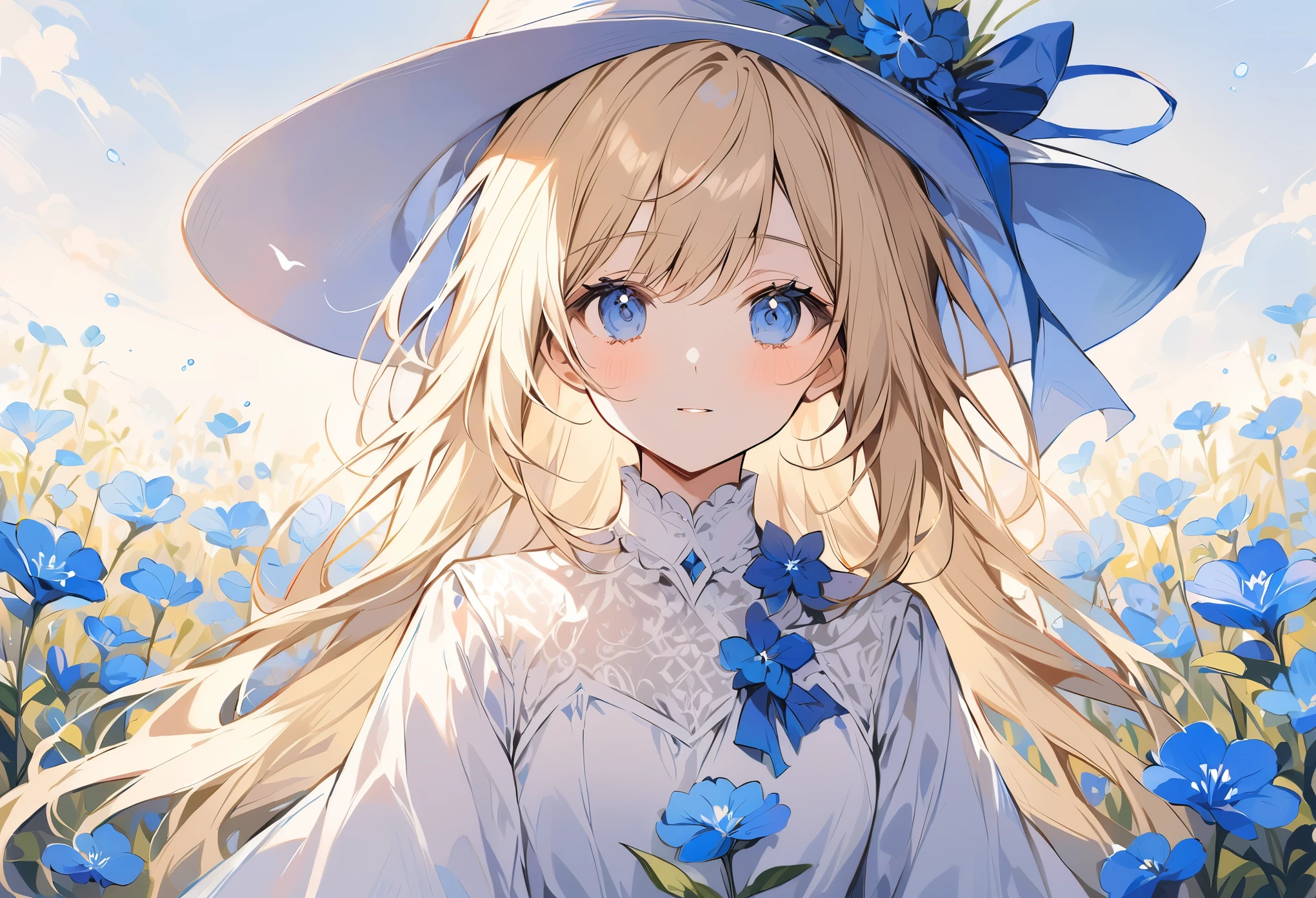 Young woman, blonde, hat, White dress, blue flowers background, field of blue flowers.