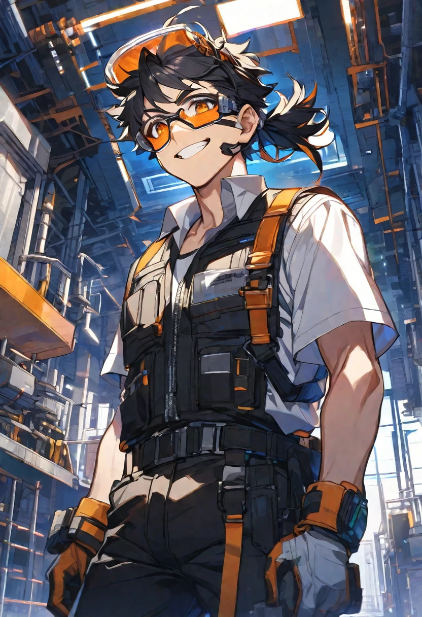 Solo, 1 male, black hair with orange highlights, safety glasses, engineer, black and white shirt, black pants, smile facial