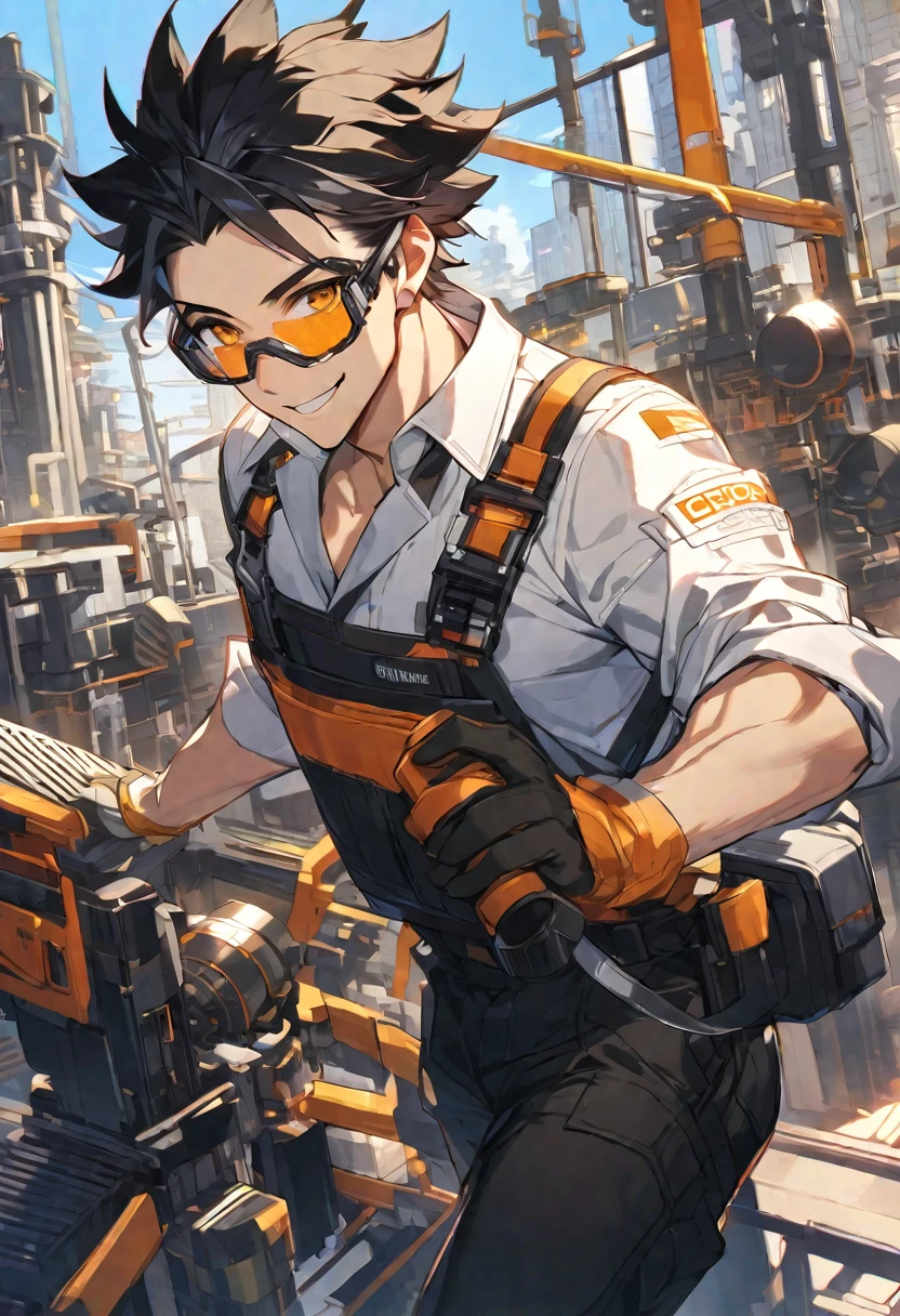 Solo, 1 male, black hair with orange highlights, safety glasses, engineer, black and white shirt, black pants, smile facial