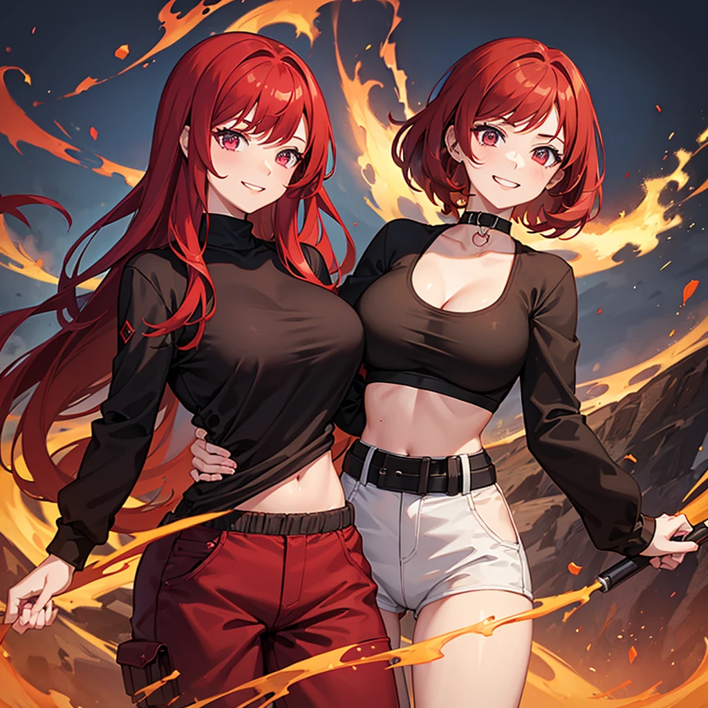 A girl with crimson red hair and maroon eyes with a black and red shirt that covers her whole torso and sweatpants and big breasts smiling and a background with volcanoes and fire