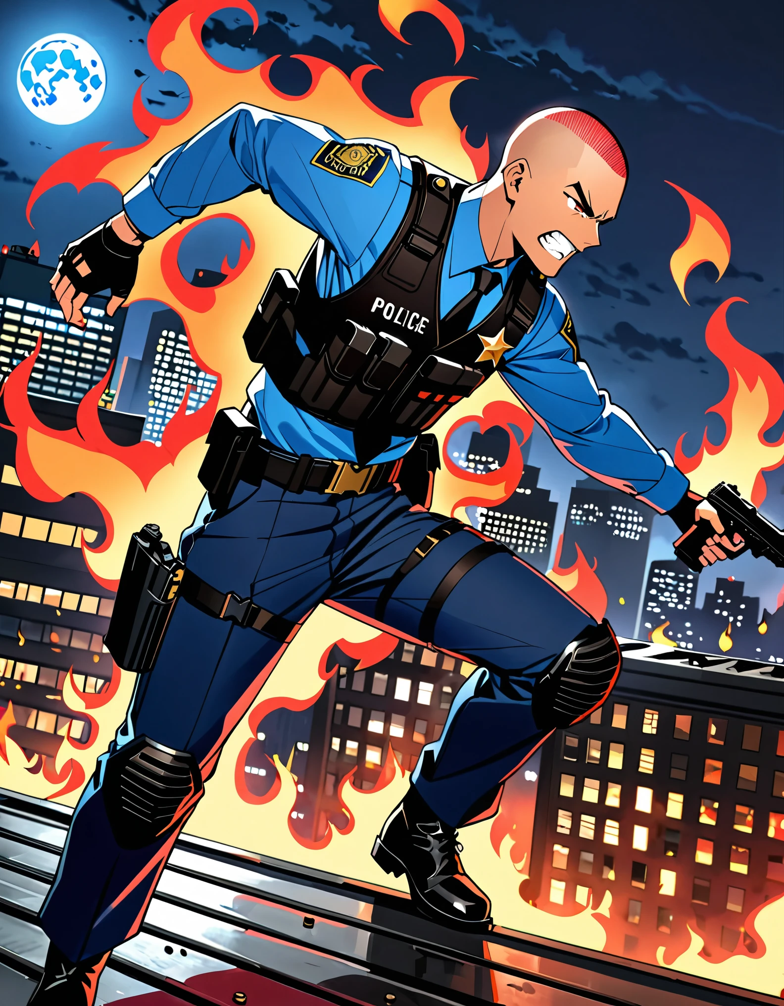(masterpiece), (best quality), (high res), (solo, solo focus), 1male, male focus, mercenary, police officer, (red hair, short hair, buzz cut, bang), (brown eyes), (perfect hands, using gun, pistol, glock17, shell casings), matching fingerless black gloves, blue suit and pants, black necktie, black assault vest, black knee pads, black boots. dynamic action pose. new york backdrop, midnight, moon, rooftop, outdoors, standing, angry, clenched teeth, looking away, (his body surrounded by red aura, flames), teleporter. cowboy shot. full-body costume design.