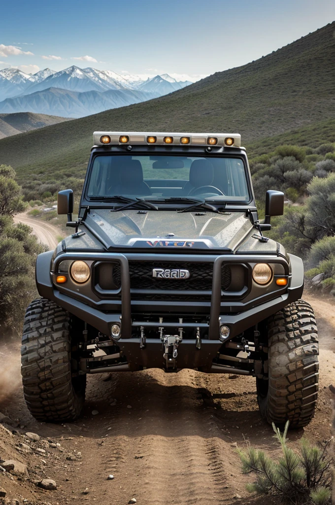 An off-road vehicle in a rugged terrain, designed for adventure, with large wheels and a sturdy build.