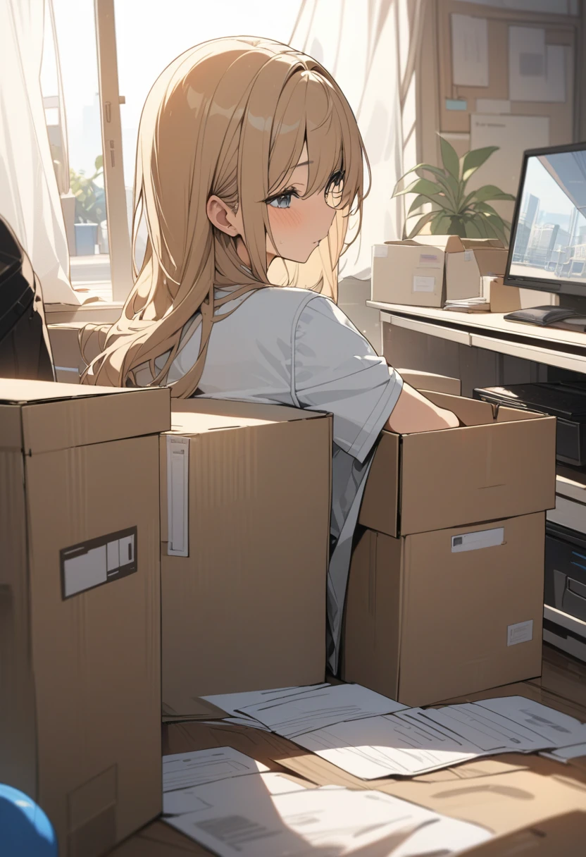 ((background only)),masterpiece, best quality, extremely detailed, ultra detailed, flat anime, 2D, Documents in cardboard boxes,  summer, 11AM, livingroom,