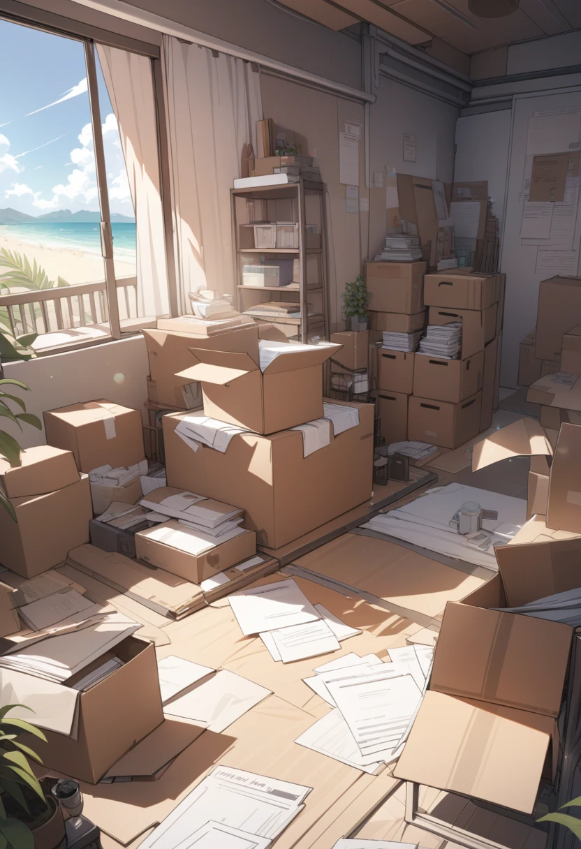 ((background only)),masterpiece, best quality, extremely detailed, ultra detailed, flat anime, 2D, Documents in cardboard boxes, summer, 11AM, livingroom,