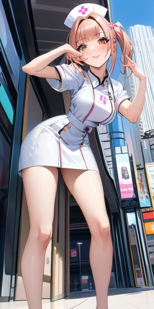 ((Highest quality、masterpiece、Anime Style、Highest quality、High resolution、8k、detailed、ultra-detailed:1.3))、Long legs、Sharp focus:1.2, Beautiful woman with perfect figure:1.4、(smile:1.2), double eyelid、30-year-old woman、Sexy pose、((((Shut your mouth.、One Woman,white Nurse uniform:1.5)))),The background is a near-future Tokyo