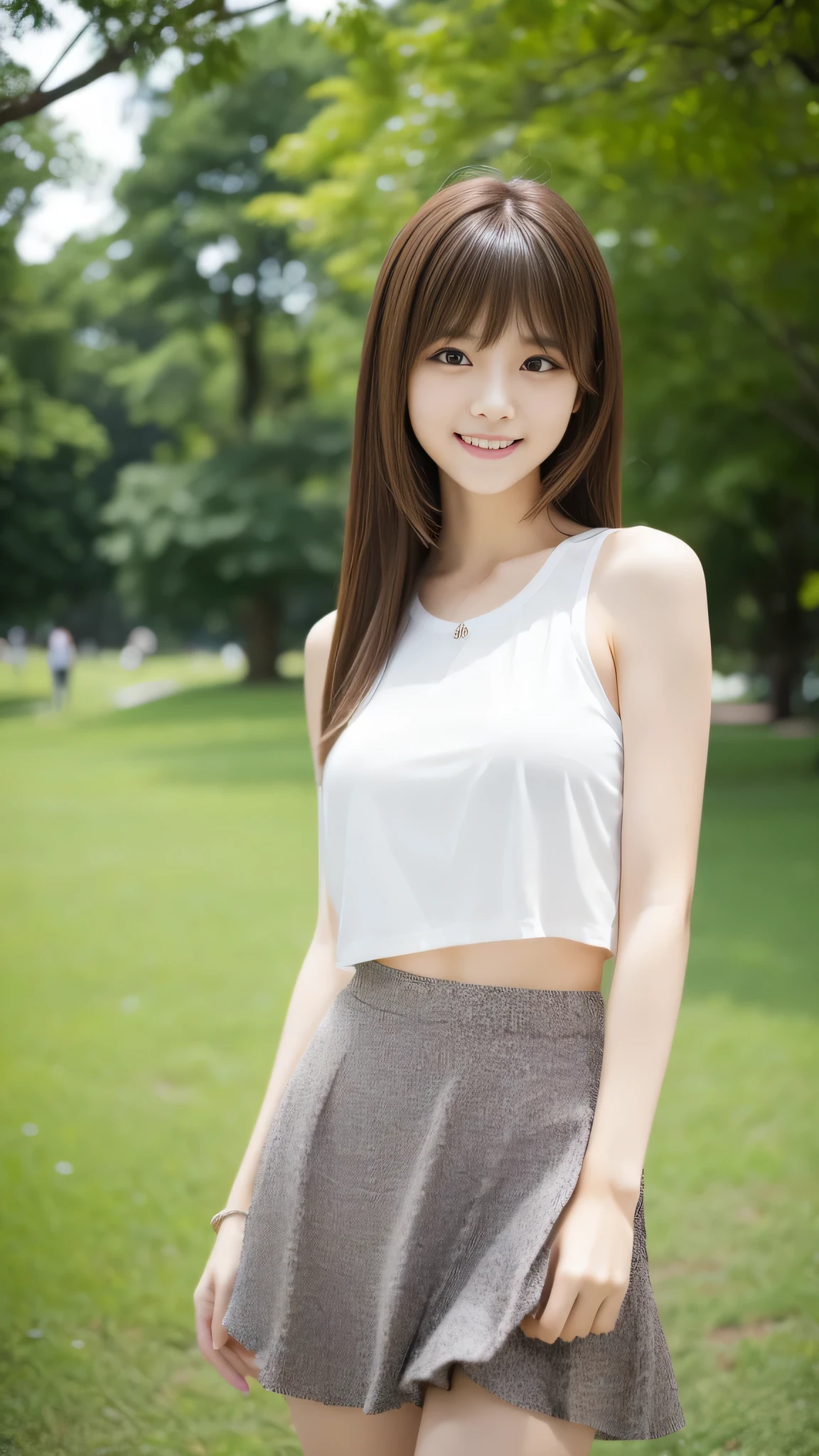 Ultra-high resolution, Superior Quality, Highest quality, Very detailed, Realistic, 8k, RAW Photos, Highest quality, masterpiece, Attractive girl, Awesome girl, Brown Hair, Shoulder-length layers, asymmetrical bangs, K-POPアイドル, Sophisticated, stylish, Shibuya Ward, ((masterpiece)),(((Highest quality))),Thin thighs,Long legs,Park Background,Tank top、White Skirt、18-year-old,bangs,A small smile,Random Pause，pretty girl，Slender girl，The best smile