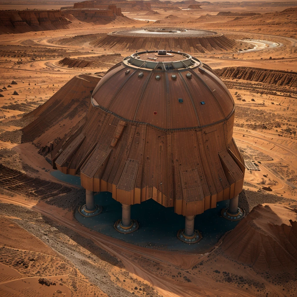 On Mars, a huge cutting-edge terraforming mega facility. The Martian ground is dotted with metallic texture and many mining workers. Bright pictures, different machines, starry sky, daytime, interplanetary architecture into large mechanical details, super wide angle, bird's eye view, high reality, light and dark