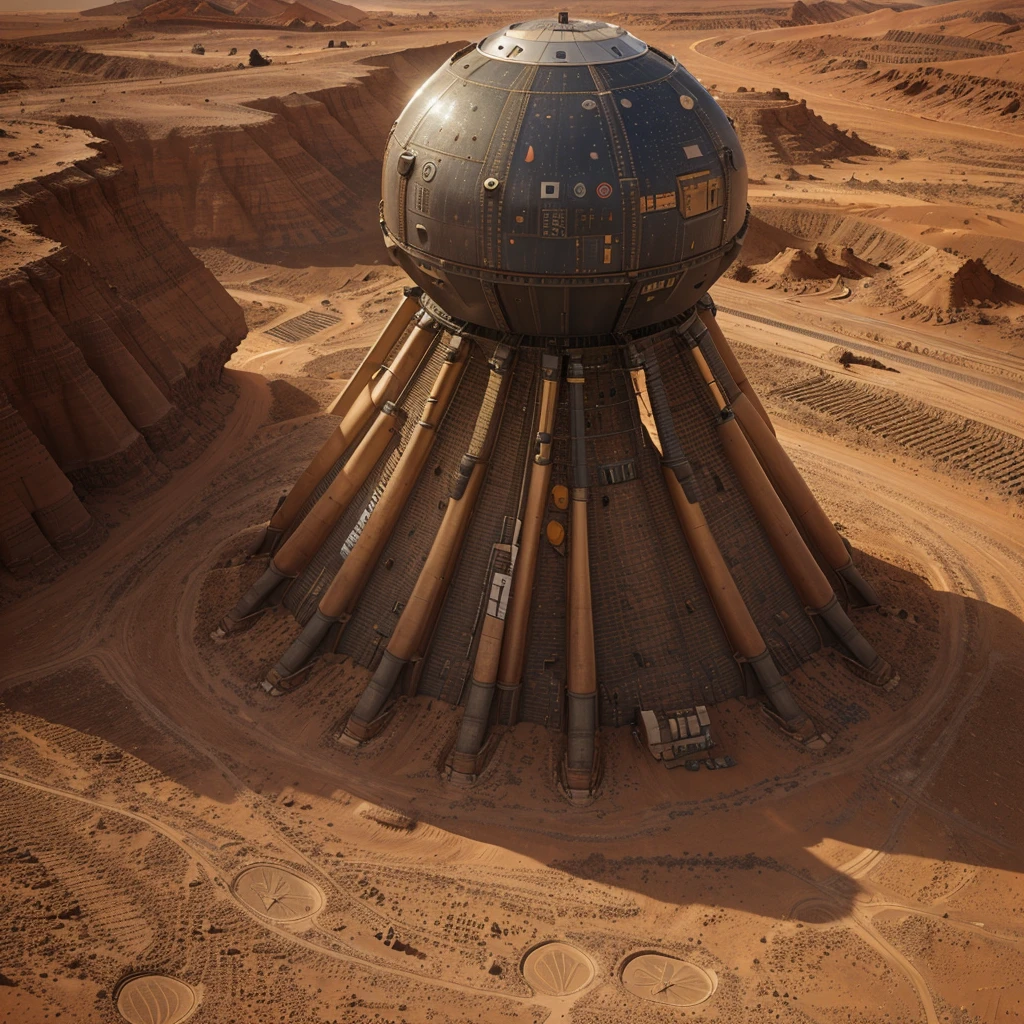 On Mars, a huge cutting-edge terraforming mega facility. The Martian ground is dotted with metallic texture and many mining workers. Bright pictures, different machines, starry sky, daytime, interplanetary architecture into large mechanical details, super wide angle, bird's eye view, high reality, light and dark