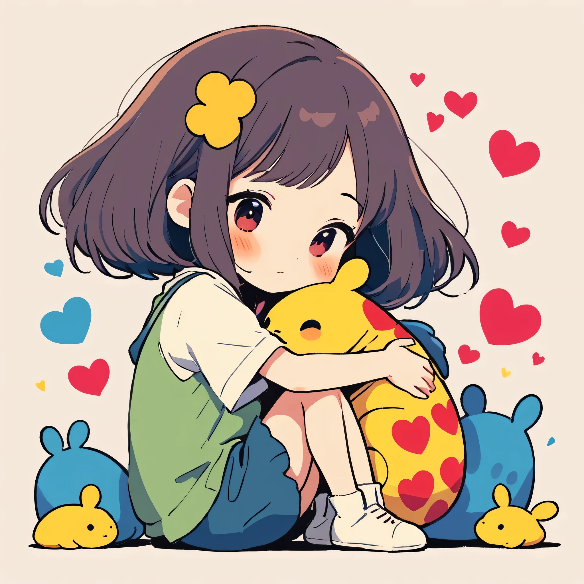 Hayao Miyazaki colorful style, Simple Line Initialism,Abstract art,Kawaii Design, The most beautiful girl of all time、chibi, (((hug girl))), (((Cute pillbugs))), colorful hearts, summer version