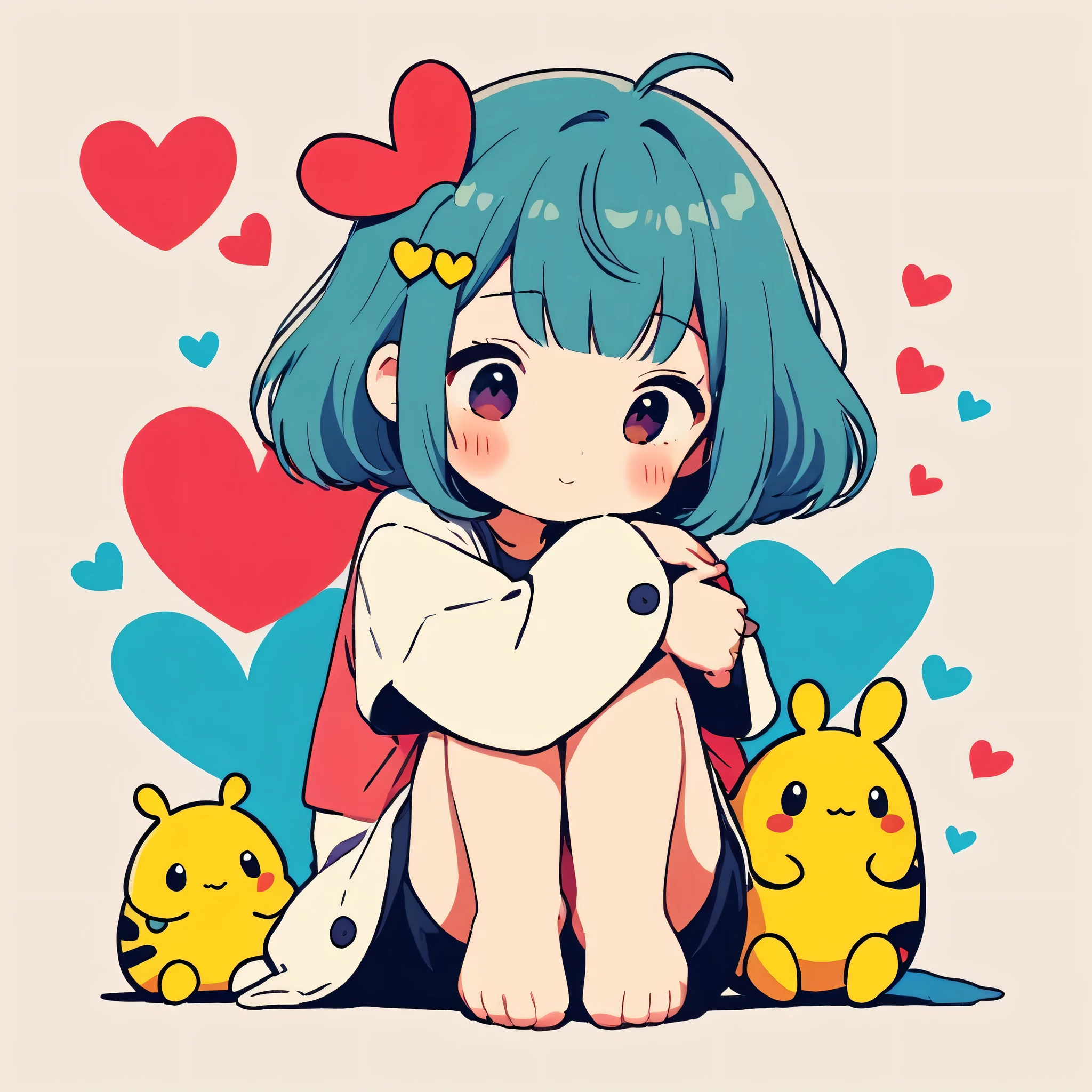 Hayao Miyazaki colorful style, Simple Line Initialism，Abstract art，Kawaii Design, The most beautiful girl of all time、chibi, (((hug girl))), (((Cute pillbugs))), colorful hearts, summer version