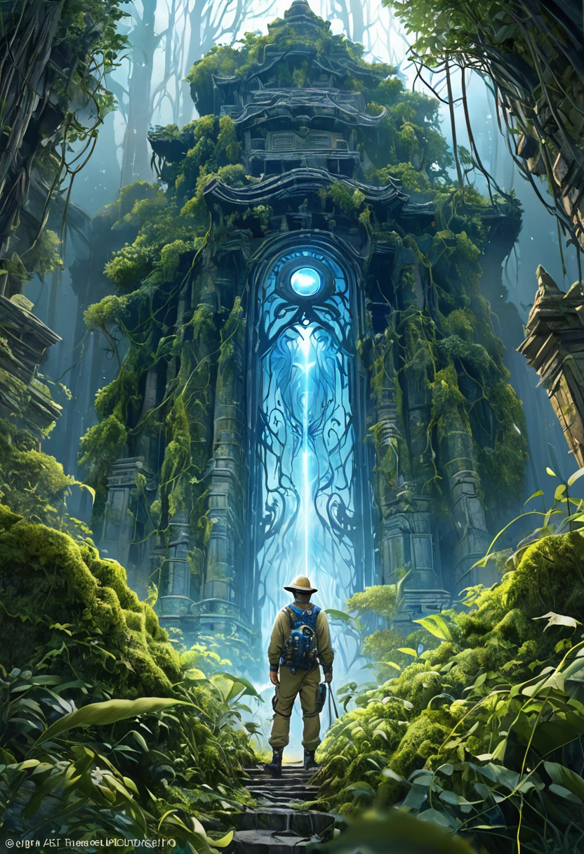 
                      Close-up of a man in the foreground(Half-length back view close-up) Back view of explorer wearing khaki adventure suit and hat (sideways dynamics) Standing in the mossy forest dark blue light very dense very dense bushes in the bushes there are ancient temple building ruins hidden in the depths mist filled ethereal mist shadows and glow,Very dense vines(The middle emits blue light), nice images, high detail


                         體積光  生物發光 風格複雜藝術作品 大景深 電影化處理, Realistic magical fantasy scene highly detailed structure surreal, Digital art, high detail, HD