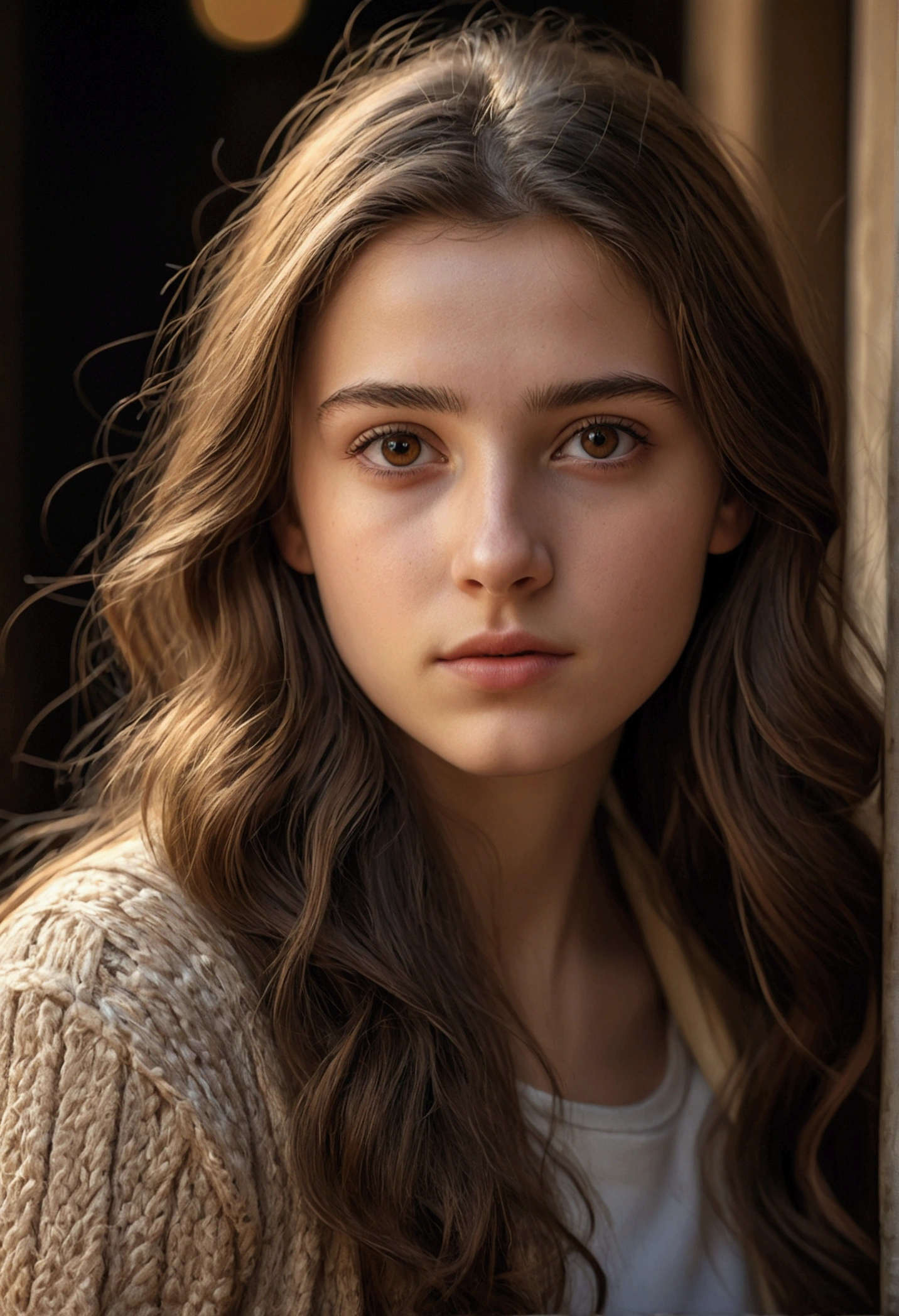 a photorealistic portrait of a 21-year-old french girl with long flowing brown hair, striking brown eyes, and a natural approachable expression, 8k, highly detailed, hyper realistic, cinematic lighting, chiaroscuro, warm color tones, dramatic shadows, flawless skin, intricate detail, masterpiece, cinema, basket feet