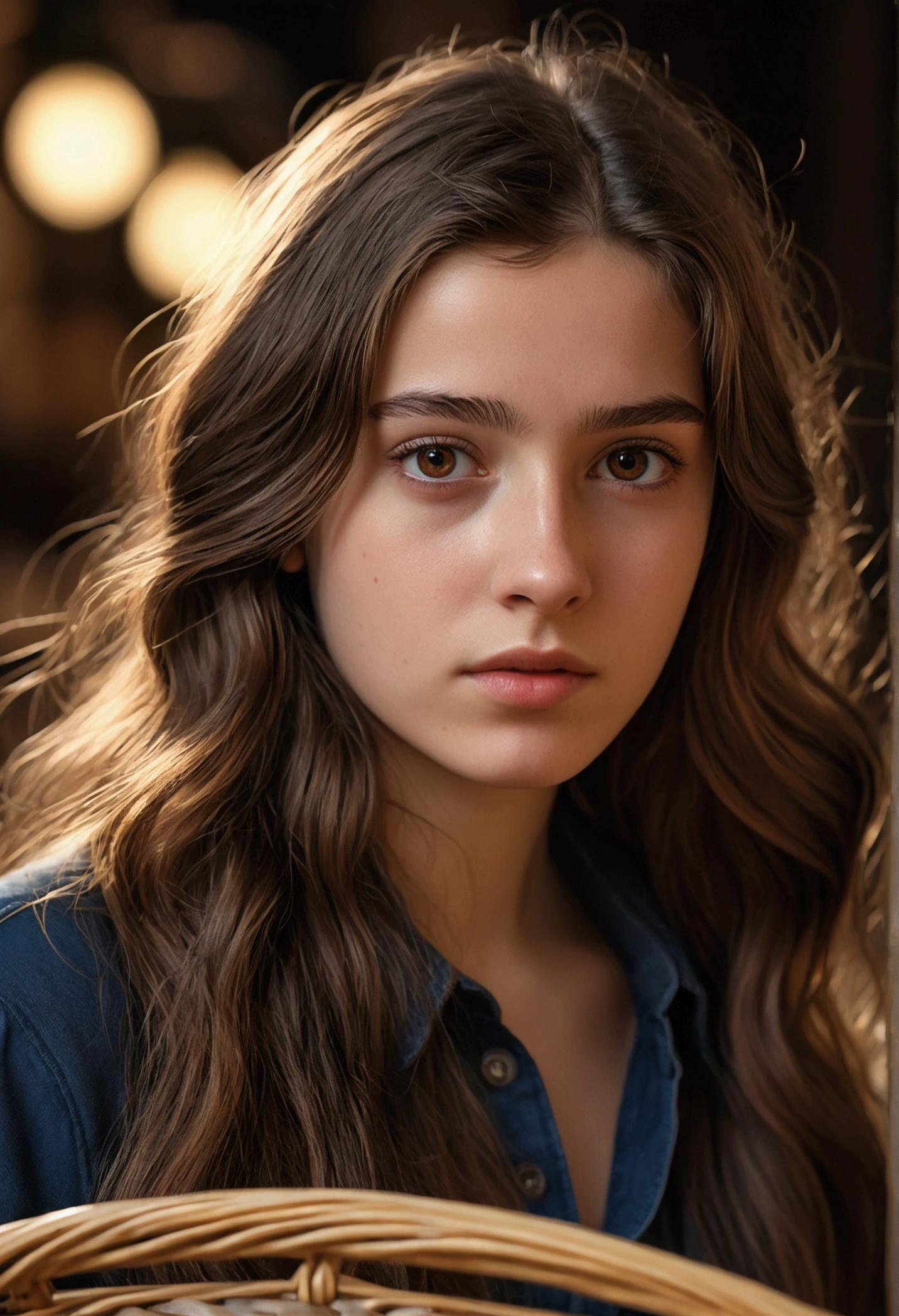 a photorealistic portrait of a 21-year-old french girl with long flowing brown hair, striking brown eyes, and a natural approachable expression, 8k, highly detailed, hyper realistic, cinematic lighting, chiaroscuro, warm color tones, dramatic shadows, flawless skin, intricate detail, masterpiece, cinema, basket feet