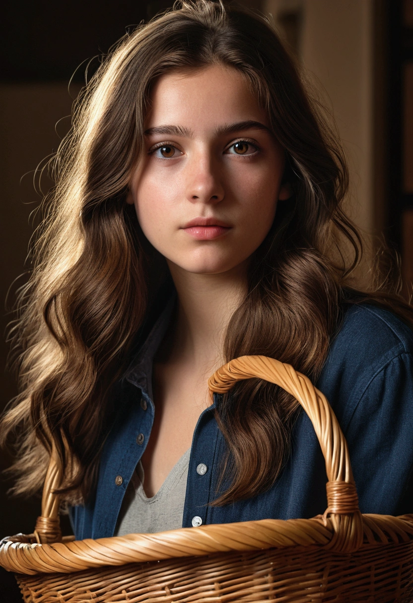 a photorealistic portrait of a 21-year-old french girl with long flowing brown hair, striking brown eyes, and a natural approachable expression, 8k, highly detailed, hyper realistic, cinematic lighting, chiaroscuro, warm color tones, dramatic shadows, flawless skin, intricate detail, masterpiece, cinema, basket feet