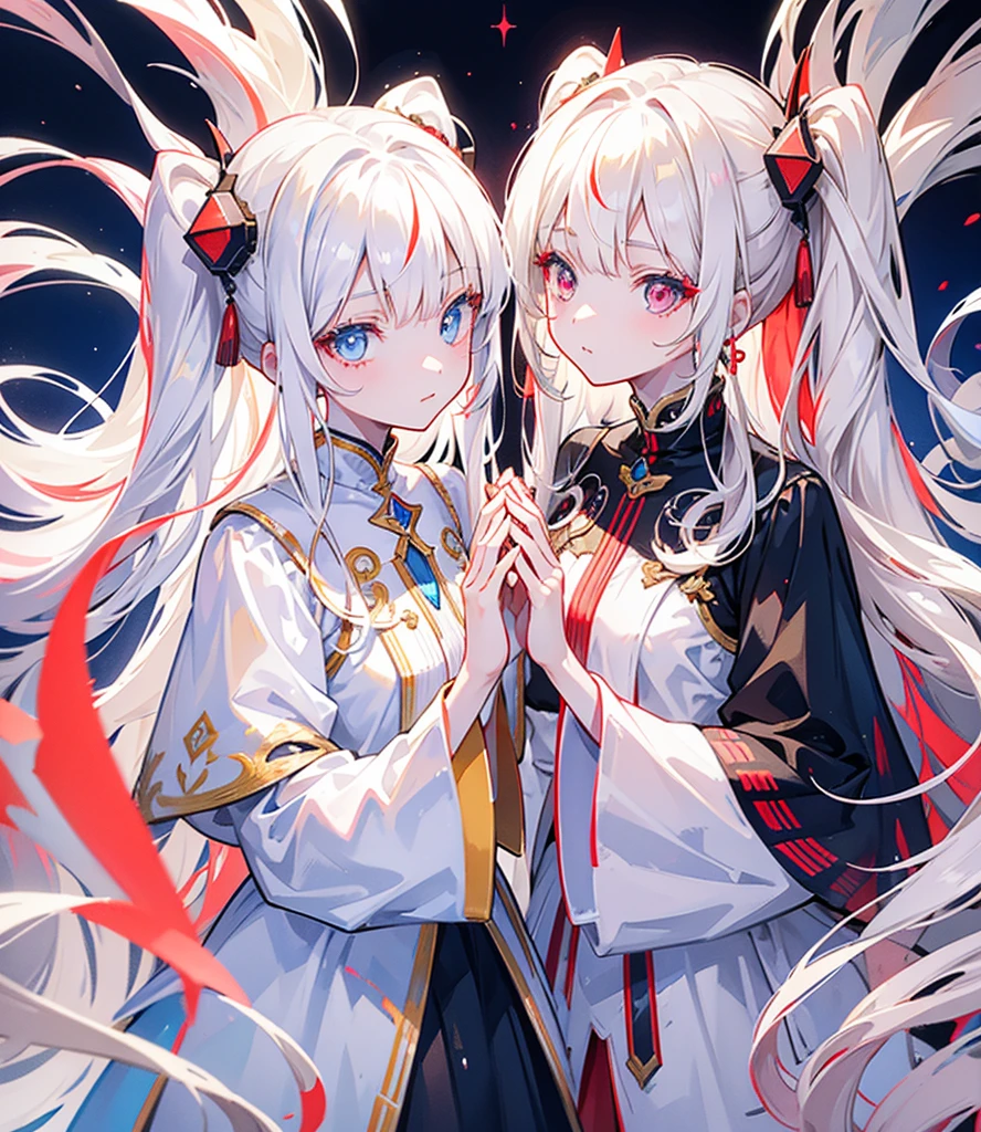 Two girls, one with beige hair and very red eyes, the other with white hair and blue eyes, twin tails, long hair, white background, colorful jewels, light, high quality, hands together, water surface, mecha musume, Colorful portraits