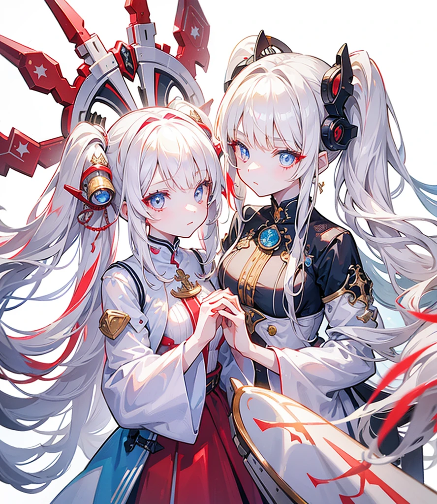 Two girls, one with beige hair and very red eyes, the other with white hair and blue eyes, twin tails, long hair, white background, colorful jewels, light, high quality, hands together, water surface, mecha musume, Colorful portraits