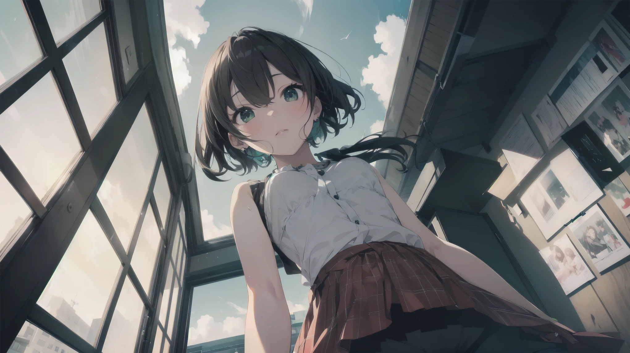 Highest quality, Anime Moe Art Style,Best Anime 8K Konachan Wallpaper,Pixiv Contest Winners,(masterpiece:1.2), (Highest quality:1.2), (1 female), (Hair Tube), (Black Hair), (Bandeau), (Green Eyes), (looking out window), (Sunburn), (short hair)
break
(Cozy izakaya), (window), (It's raining outside), (moon), (A peaceful town)
break
(masterpiece, Highest quality, Very detailed:1.2), (Perfect lighting ), (From below), (Color Splash), (From below), (Erotic sensations), (Depth of written boundary) Let's take a look, Dark Skin, necklace, white Bandeau, belt, salon, Braces, anklet