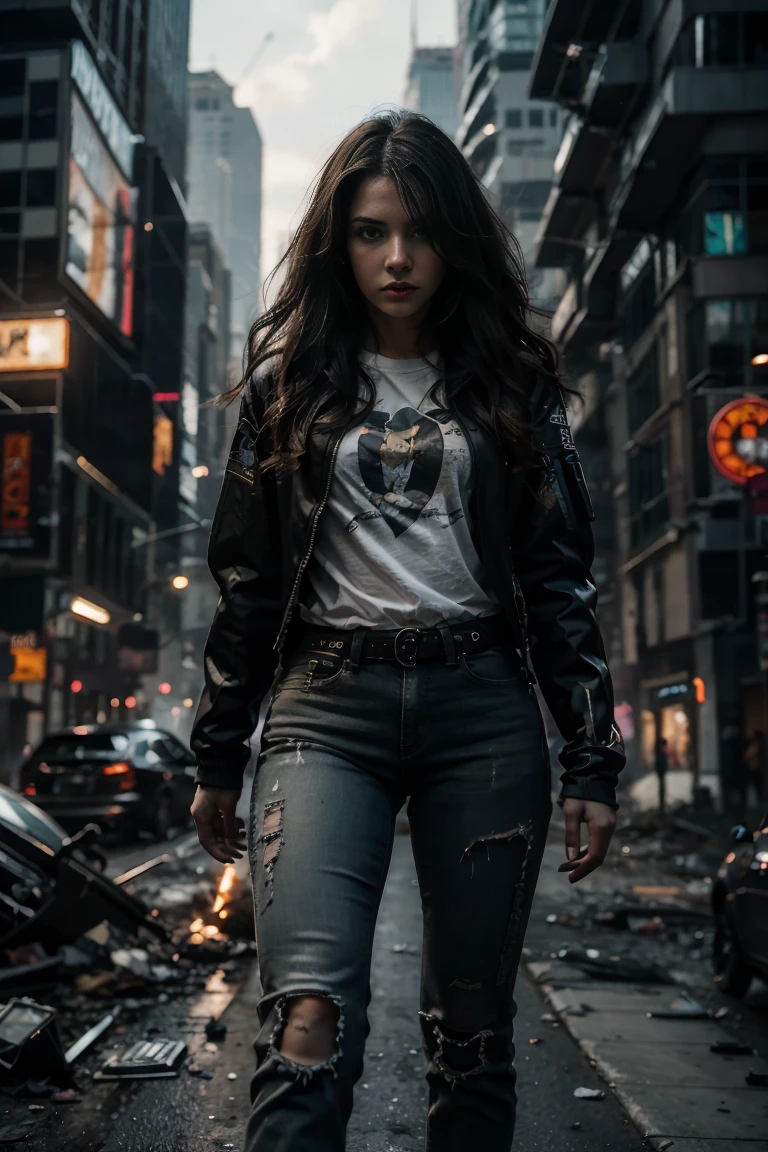 (Highest quality, Ultra HD, 16k, Masterpiece) A powerful girl walks confidently in front of her rugged, futuristic car amidst a chaotic and war-torn metropolis. The shot is a medium to long view, capturing her determined presence and the complete surroundings around her. She gazes ahead with a fierce, unyielding expression, embodying strength and resolve. She wears a fitted mecha tshirt under a stylish jacket and jeans pants, her attire blending practicality with a touch of modern flair. The jacket is detailed with guns, rifles, and utility pockets, enhancing her battle-ready appearance. Her hair is tousled and windswept, adding to her dynamic presence. The car behind her is a heavily modified, armored vehicle, its exterior scarred from countless battles. It stands as a testament to her resilience and resourcefulness, with various gadgets and weapons mounted on its frame. The car's sleek, complements the overall gritty atmosphere. In the background, the entire skyline of the metropolis is visible, partially obscured by smoke and ash. Skyscrapers tower amidst the chaos, many of them heavily damaged with gaping holes and crumbling facades. Explosions light up the scene, casting an eerie glow over the widespread destruction. Spaceships hover menacingly in the sky, engaged in fierce aerial battles, their sleek designs contrasting with the devastation below. The ground is littered with debris and remnants of destroyed structures, adding to the sense of a world torn apart by conflict. Scraps of metal, shattered glass, and remnants of vehicles are scattered across the landscape, emphasizing the scale of destruction. The lighting is dramatic, with sharp contrasts that highlight the textures of her attire and the metallic surface of her car. The interplay of light and shadow emphasizes the intense expression on her face and the chaos in the background. Hollywood action movie. Action film, ((tshirt)), (((fully covered mecha tshirt))), (((mecha jacket on top))), (((guns)))