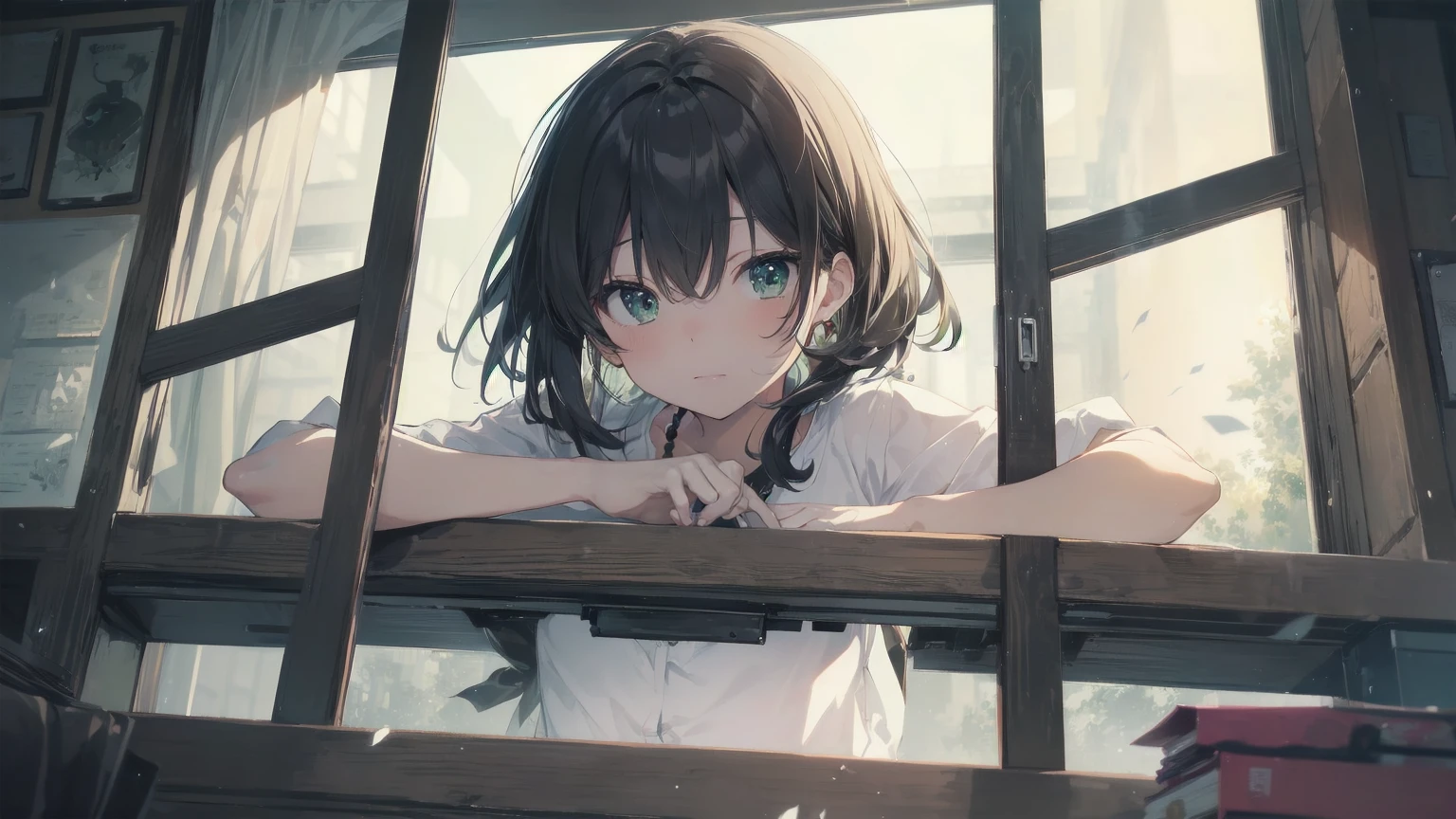Highest quality, Anime Moe Art Style,Best Anime 8K Konachan Wallpaper,Pixiv Contest Winners,(masterpiece:1.2), (Highest quality:1.2), (1 female), (Hair Tube), (Black Hair), (Bandeau), (Green Eyes), (looking out window), (Sunburn), (short hair) 
break
(Cozy izakaya), (window), (It&#39;s raining outside), (moon), (A peaceful town)
break
(masterpiece, Highest quality, Very detailed:1.2), (Perfect lighting ), (From below), (Color Splash), (From below), (Erotic sensations), (Depth of written boundary) Let&#39;s take a look, Dark Skin, necklace, white Bandeau, belt, salon, Braces, anklet